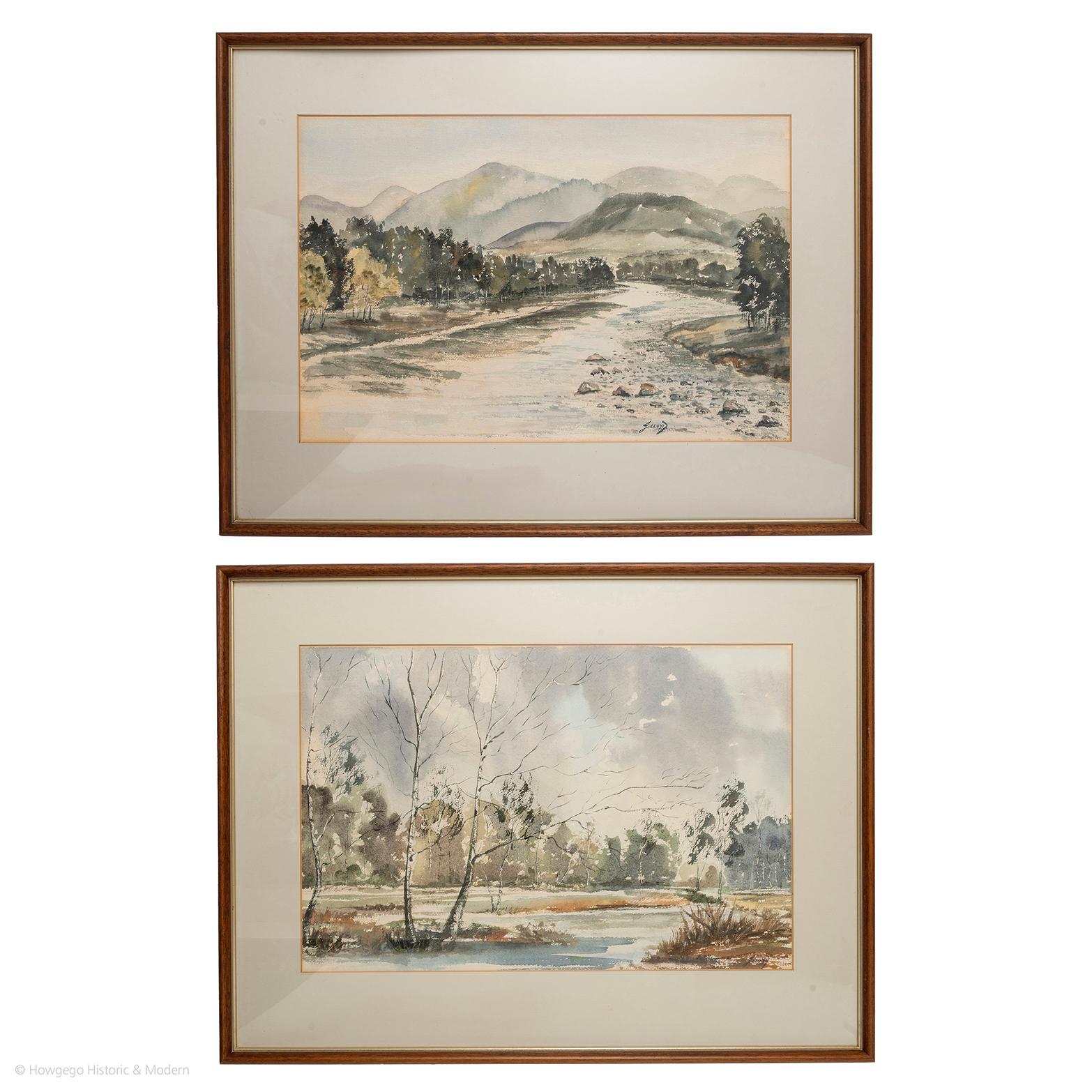 Watercolor Pair J Lloyd Landscape River For Sale 1