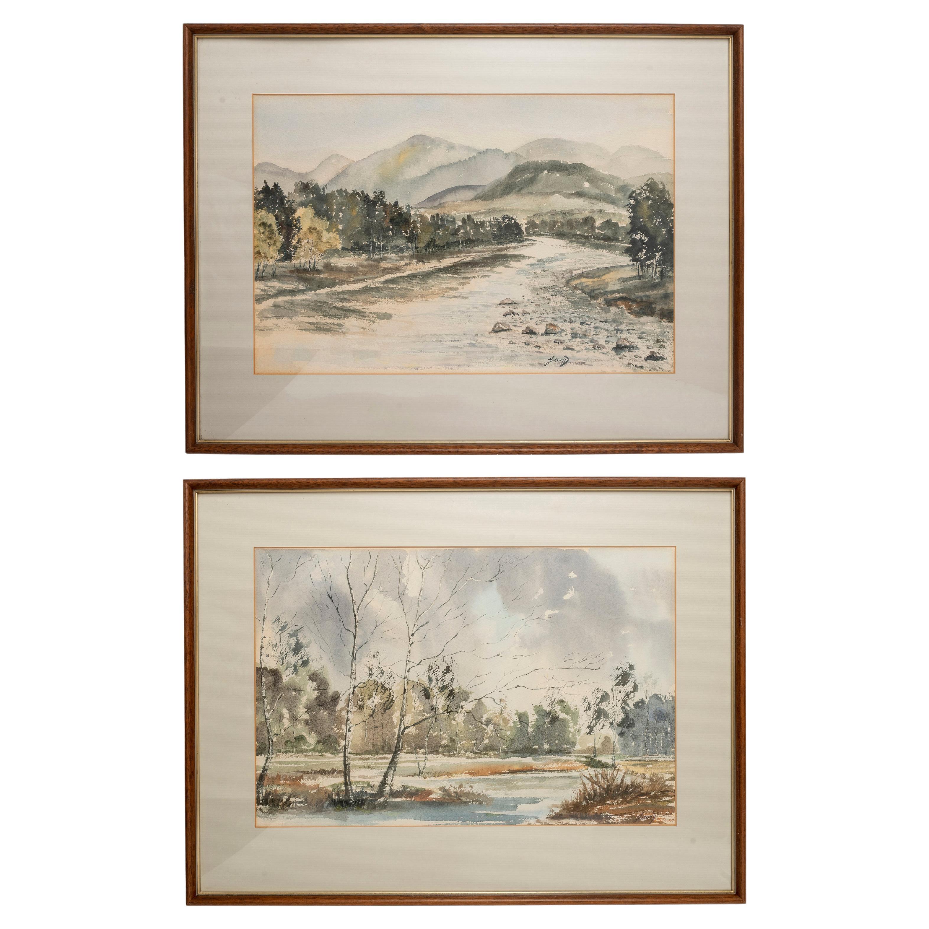 Watercolor Pair J Lloyd Landscape River For Sale