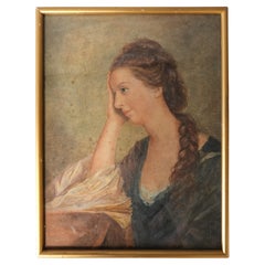 Antique Watercolour portrait of a lady in a blue dress