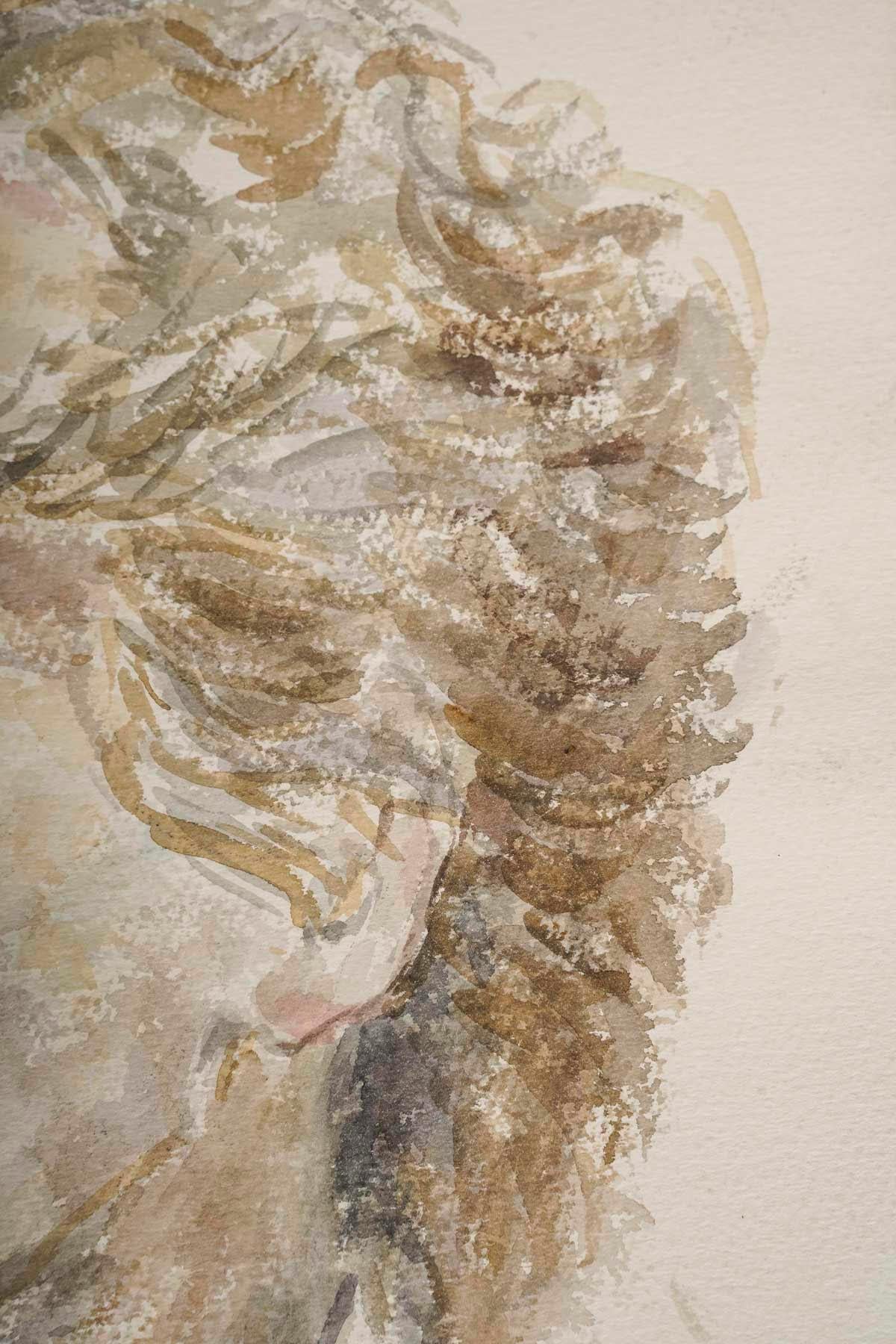 Mid-Century Modern Watercolour Portrait of a Man by Evelyne Luez, 20th Century. For Sale