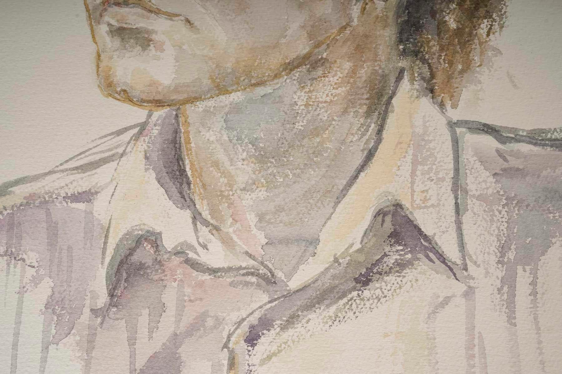 French Watercolour Portrait of a Man by Evelyne Luez, 20th Century. For Sale