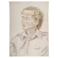 Portrait d'homme à l'aquarelle par Evelyne Luez, 20e siècle.