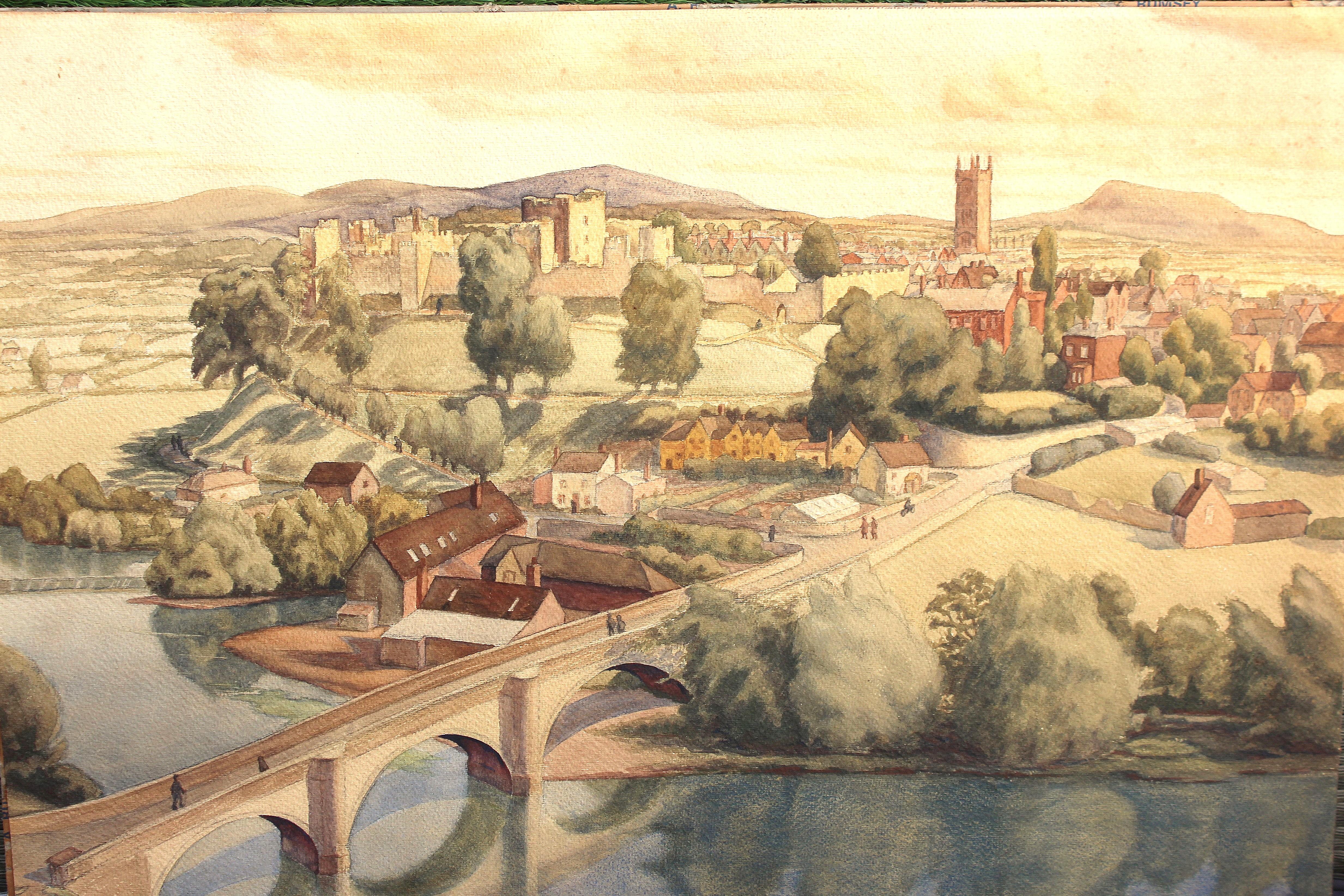 930er Aquarell von Ludlow Castle und Dinham Bridge, Shropshire
Dieses schöne und stimmungsvolle Originalaquarell aus den 1930er Jahren fängt den historischen Charme von Ludlow Castle und Dinham Bridge ein, eingebettet in die hügelige Landschaft von