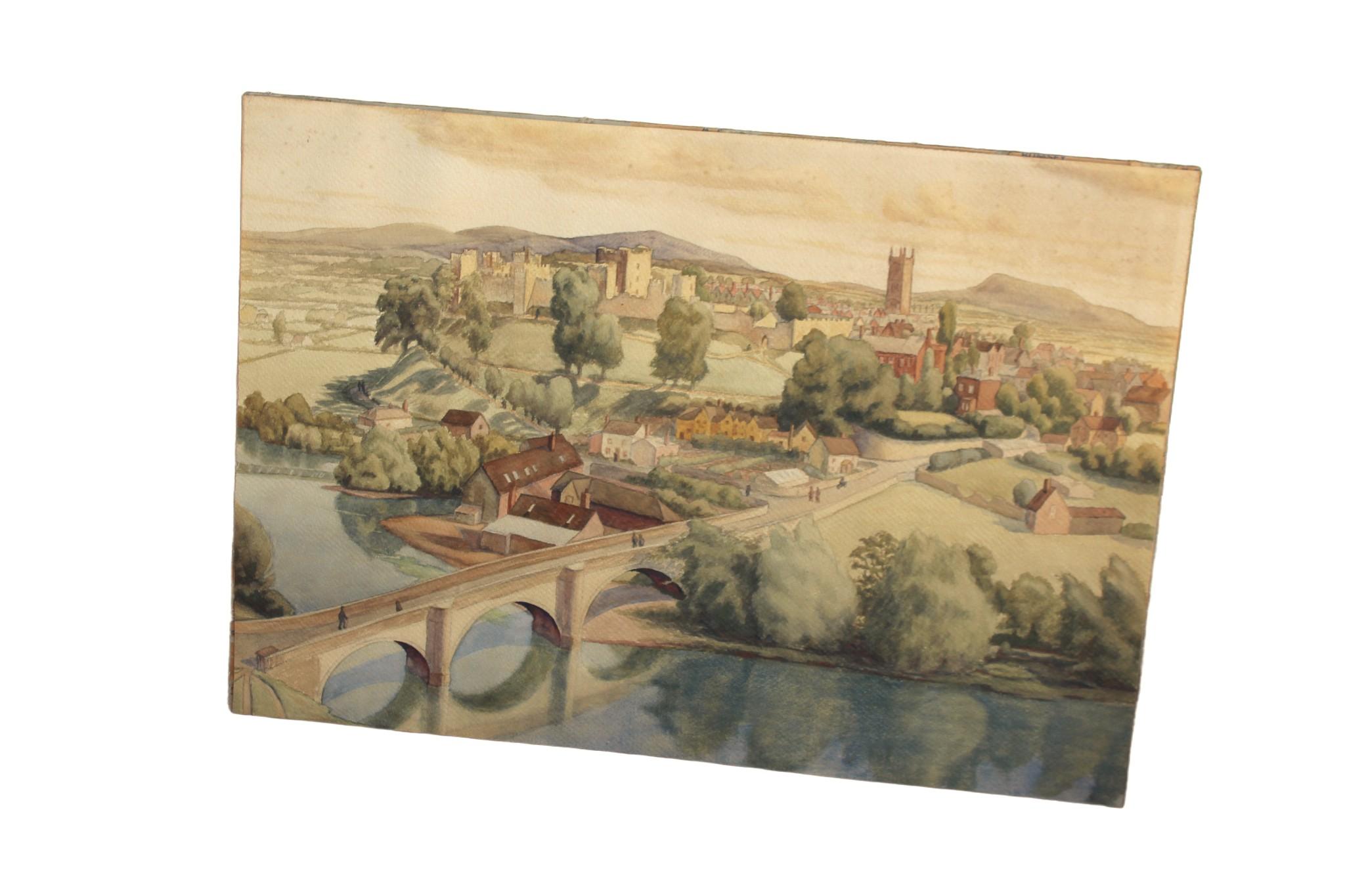 Aquarellblick auf das Schloss Ludlow und die Brücke aus Dinham (Art déco) im Angebot