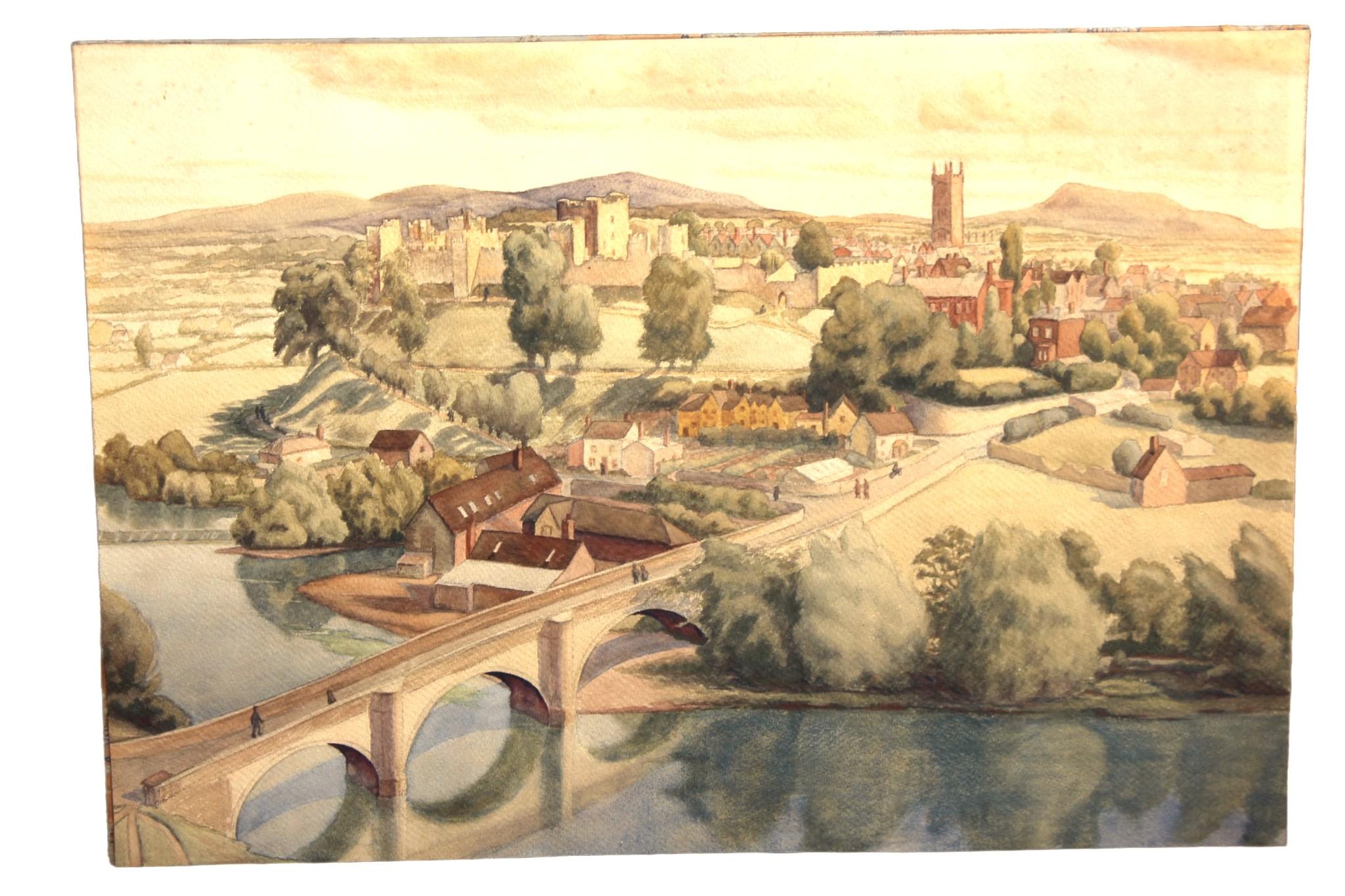 Aquarellblick auf das Schloss Ludlow und die Brücke aus Dinham (Britisch) im Angebot