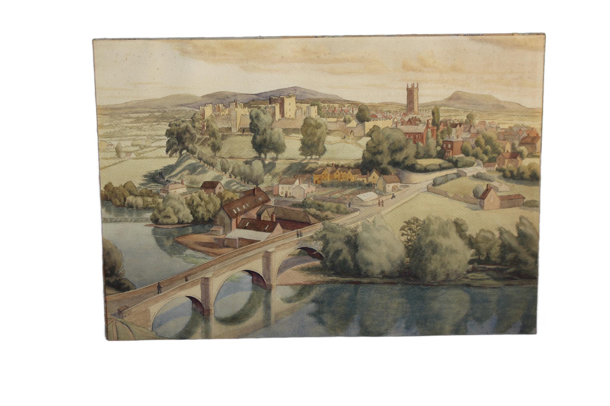 Aquarellblick auf das Schloss Ludlow und die Brücke aus Dinham (Gemalt) im Angebot