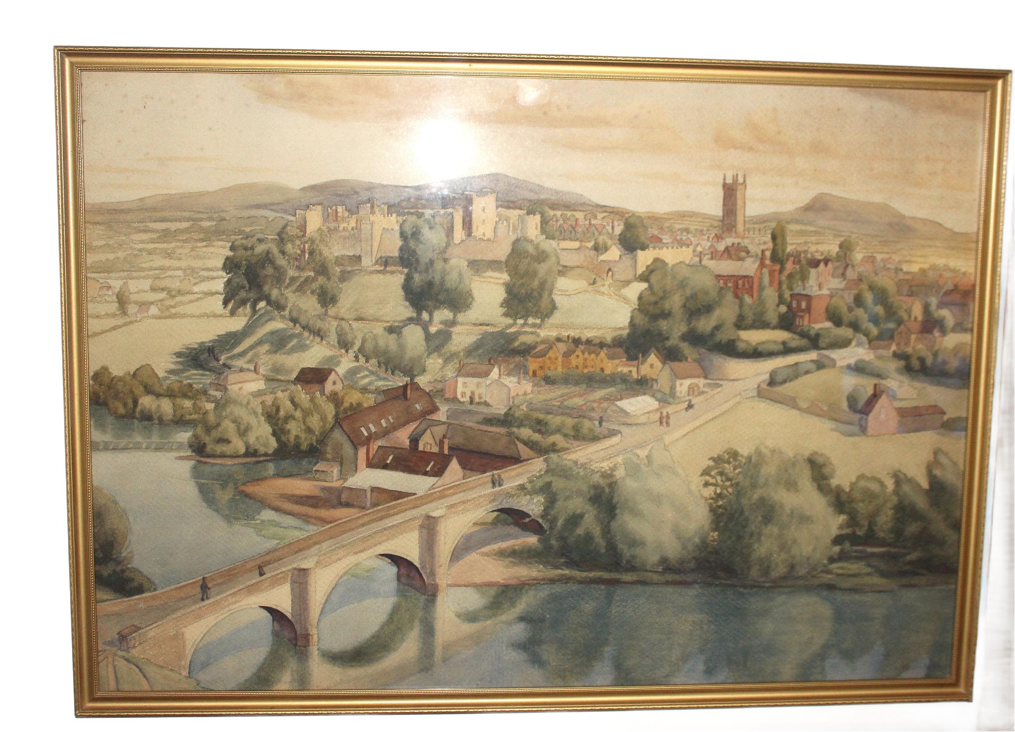 Aquarellblick auf das Schloss Ludlow und die Brücke aus Dinham im Zustand „Gut“ im Angebot in Seaford, GB