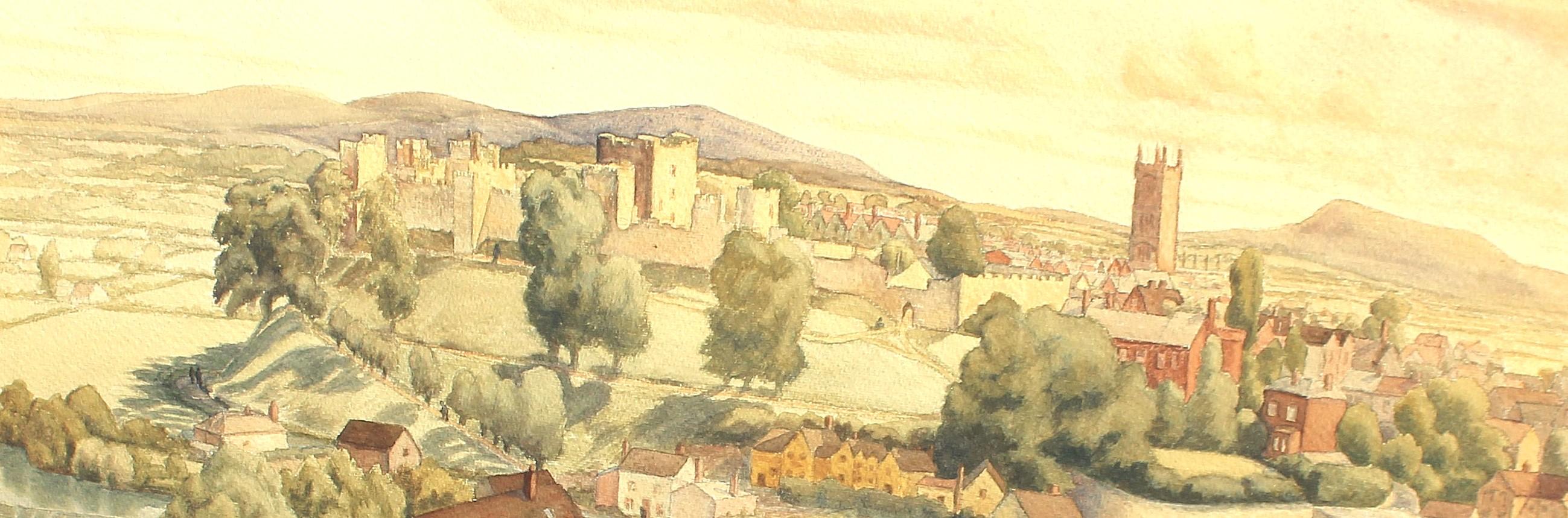 Aquarellblick auf das Schloss Ludlow und die Brücke aus Dinham (Papier) im Angebot