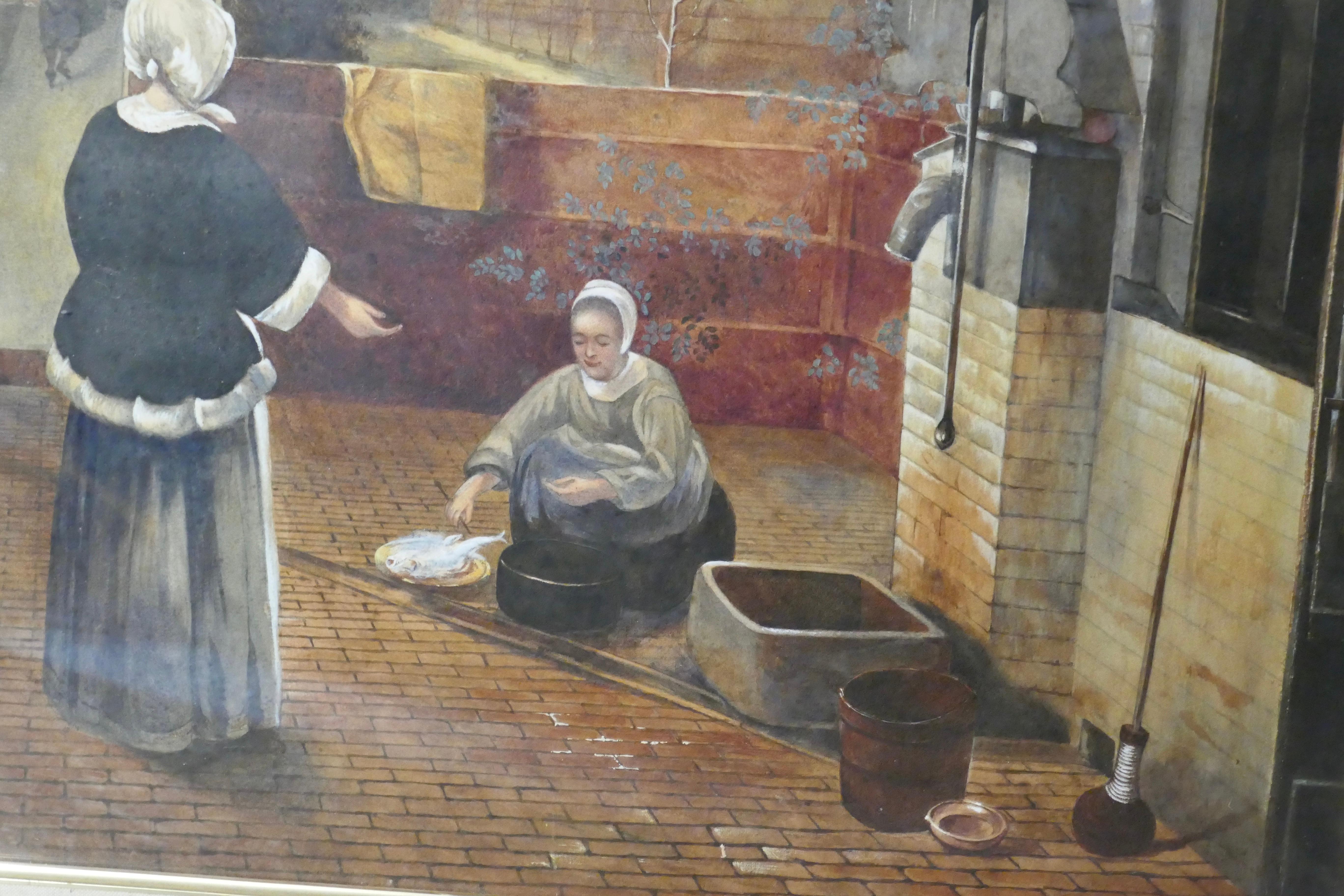 Watercolor “Woman and Her Maid in a Courtyard” in the manner of Pieter de Hooch, 

This charming watercolor is presented in a 4” wide gilt frame, on the back of the painting there is a label (inscribed 1665, damaged but most of it can be