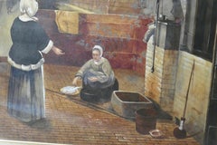 Watercolor “Woman and Her Maid in a Courtyard” in the Manner of Pieter de Hooch