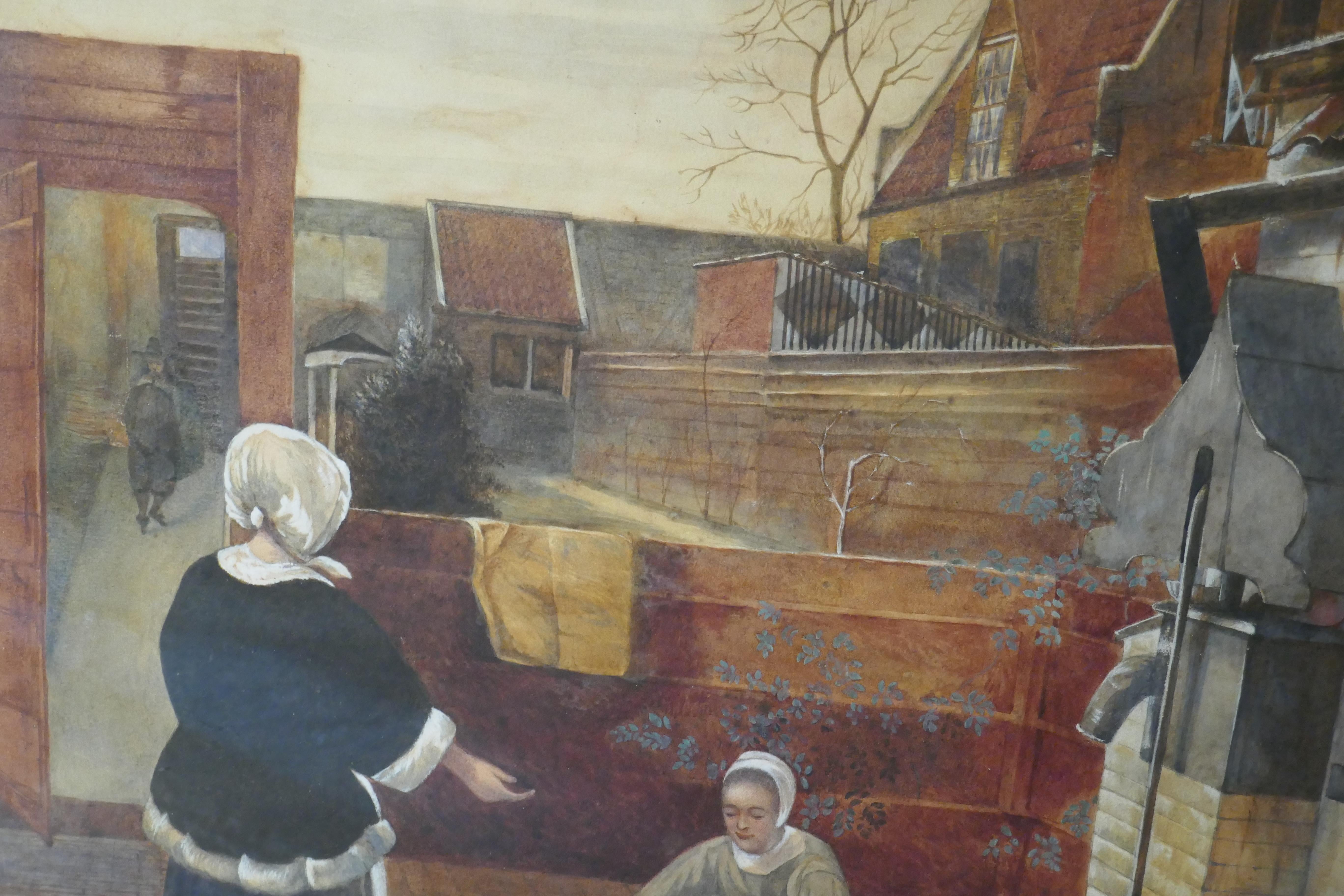Dutch Colonial Watercolor “Woman and Her Maid in a Courtyard” in the Manner of Pieter de Hooch For Sale