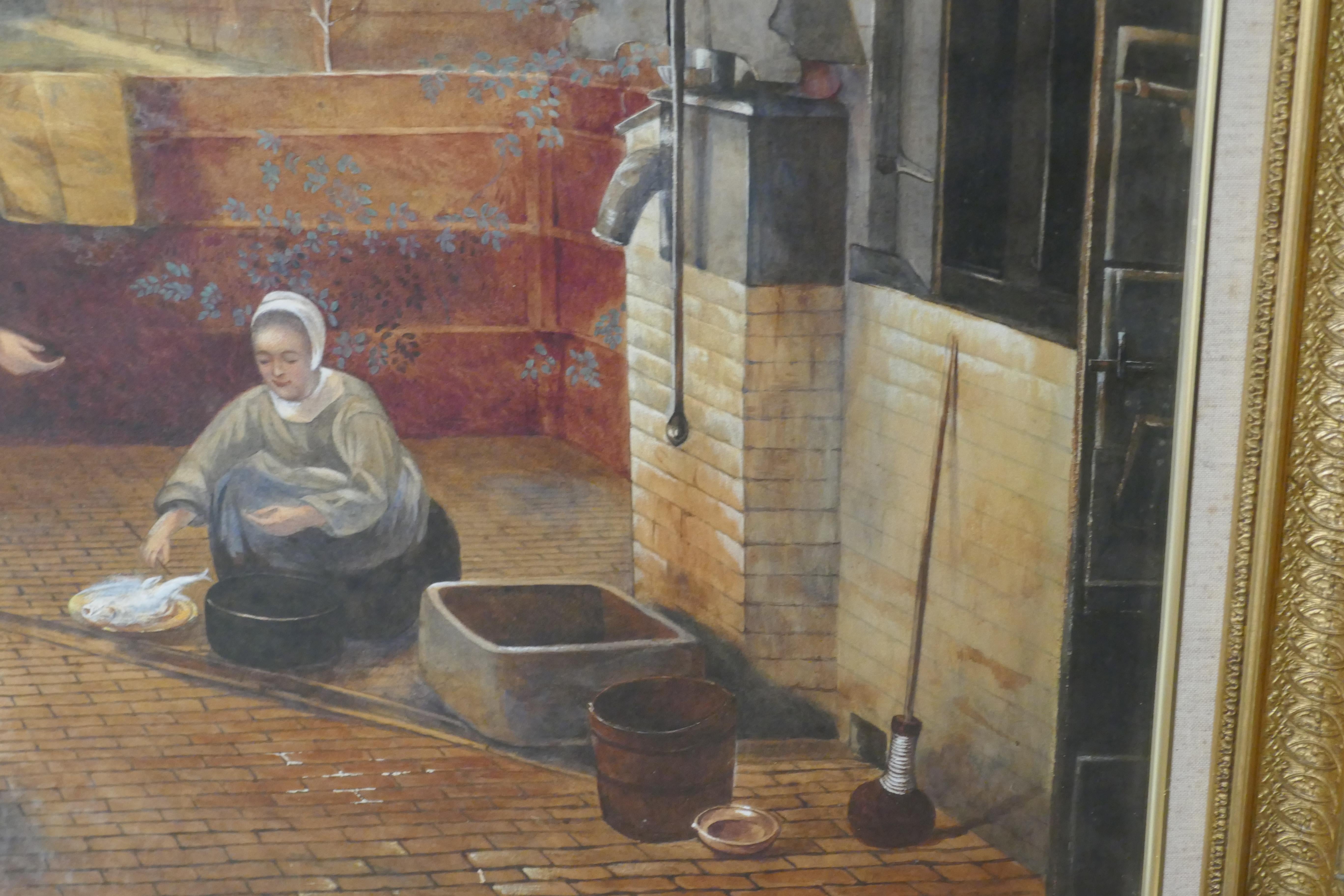 Watercolor “Woman and Her Maid in a Courtyard” in the Manner of Pieter de Hooch In Good Condition For Sale In Godshill, Isle of Wight