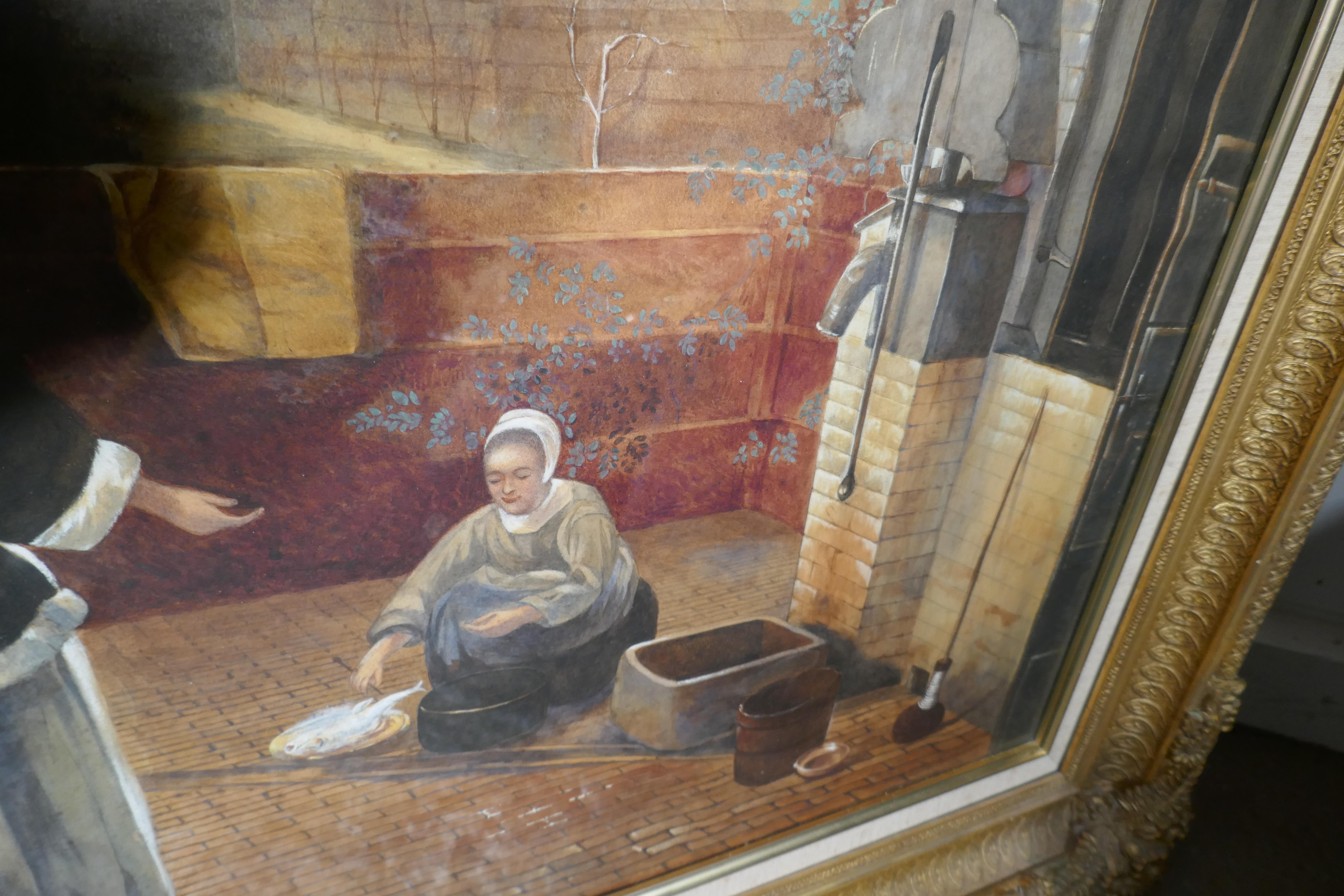 Watercolor “Woman and Her Maid in a Courtyard” in the Manner of Pieter de Hooch For Sale 1