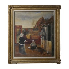 Watercolor “Woman and Her Maid in a Courtyard” in the Manner of Pieter de Hooch