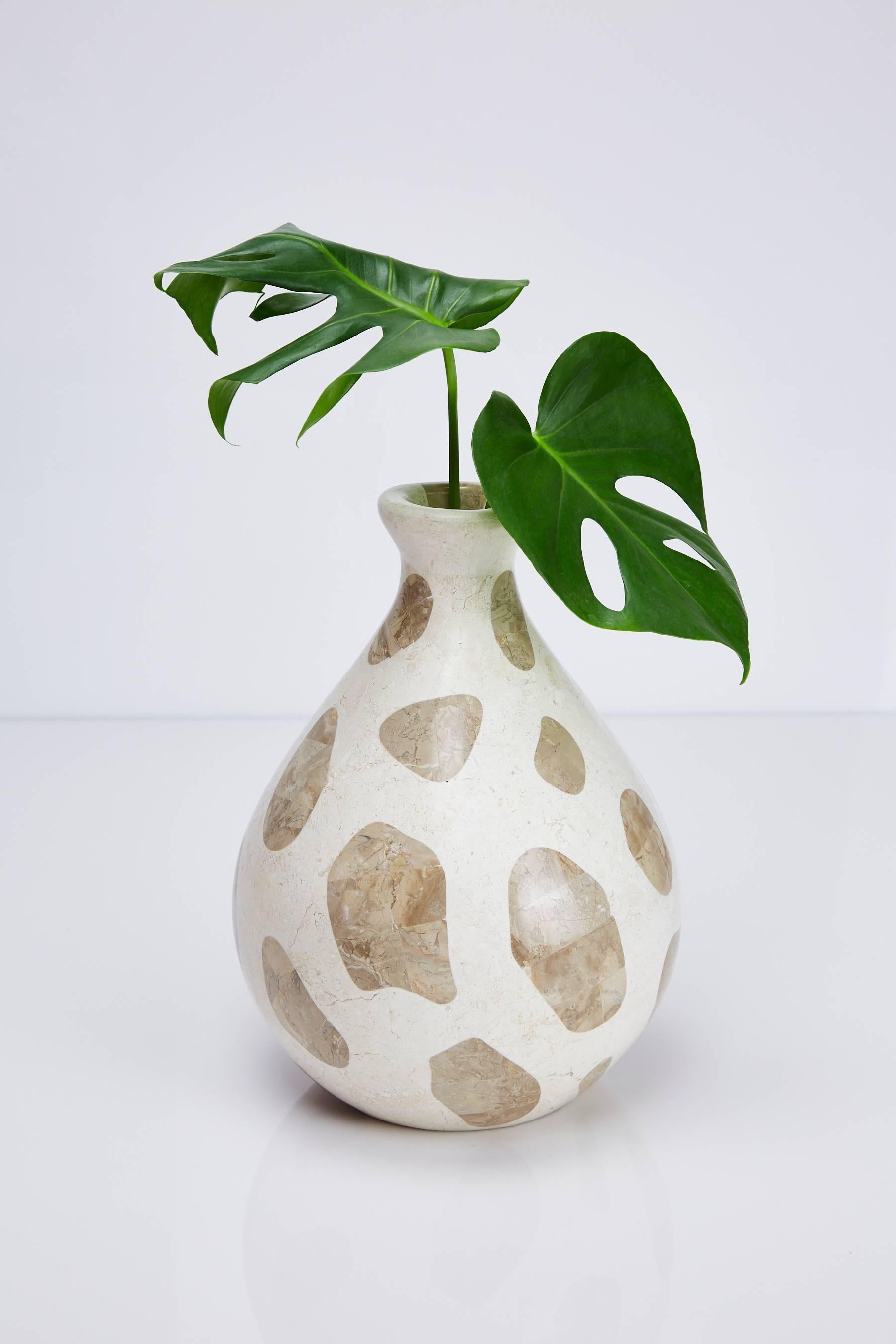 Waterdrop shaped vase in tessellated white ivory and cantor stone with spotted 'giraffe' decoration over fiberglass body.