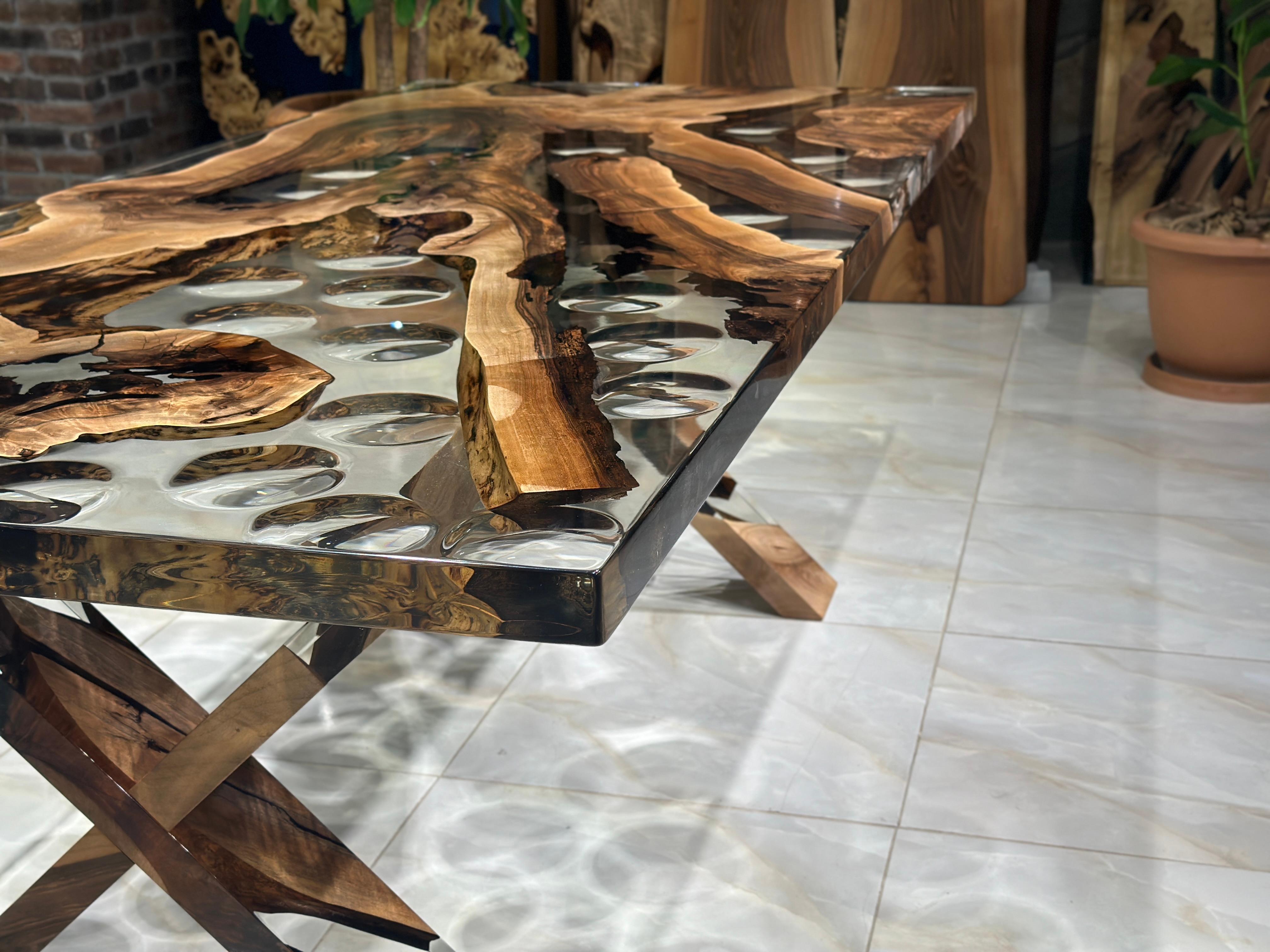 Waterdrop Ultra Clear Epoxy Resin Walnut Dining Table For Sale 4