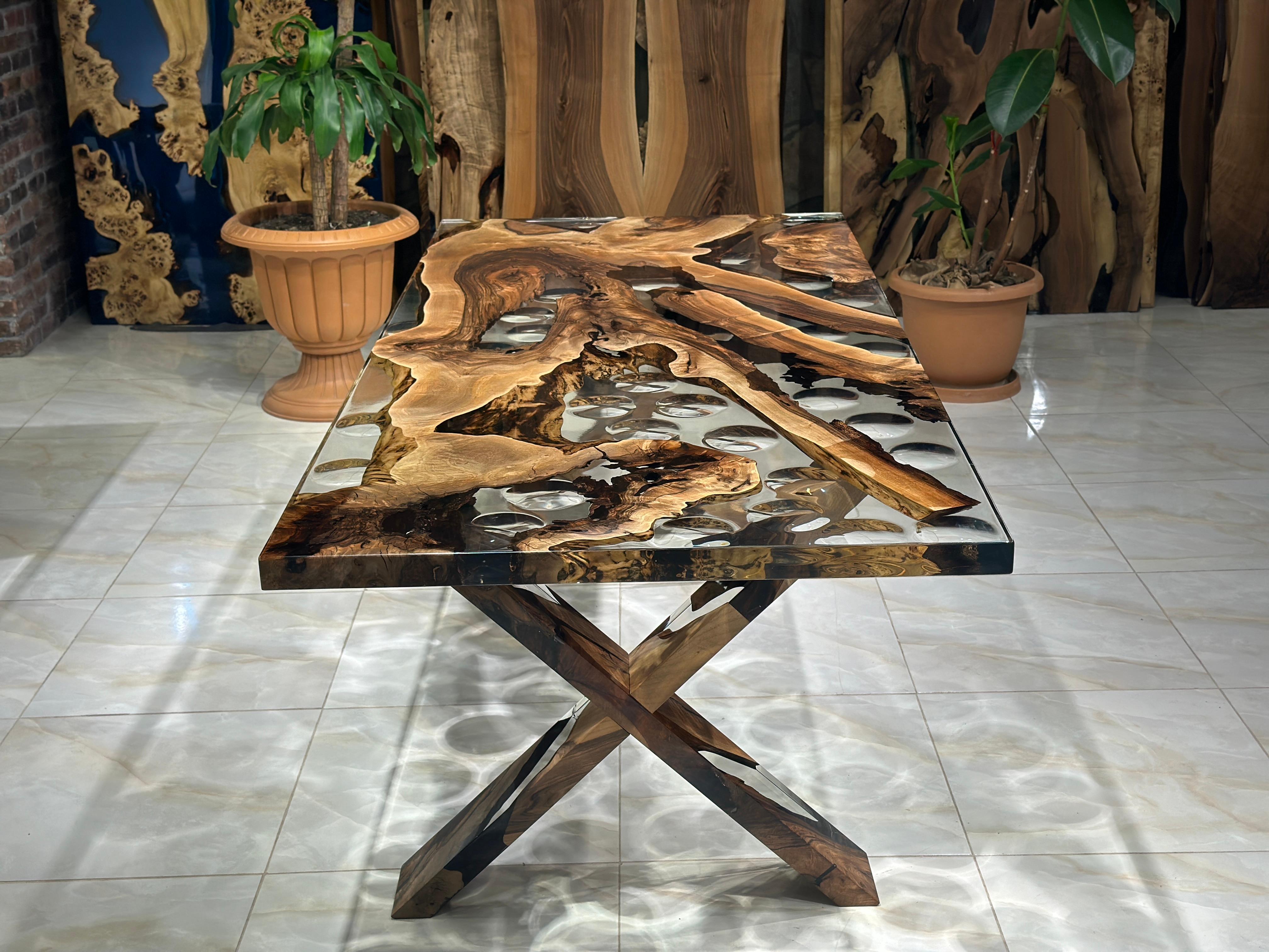 Waterdrop Ultra Clear Epoxy Resin Walnut Dining Table For Sale 5