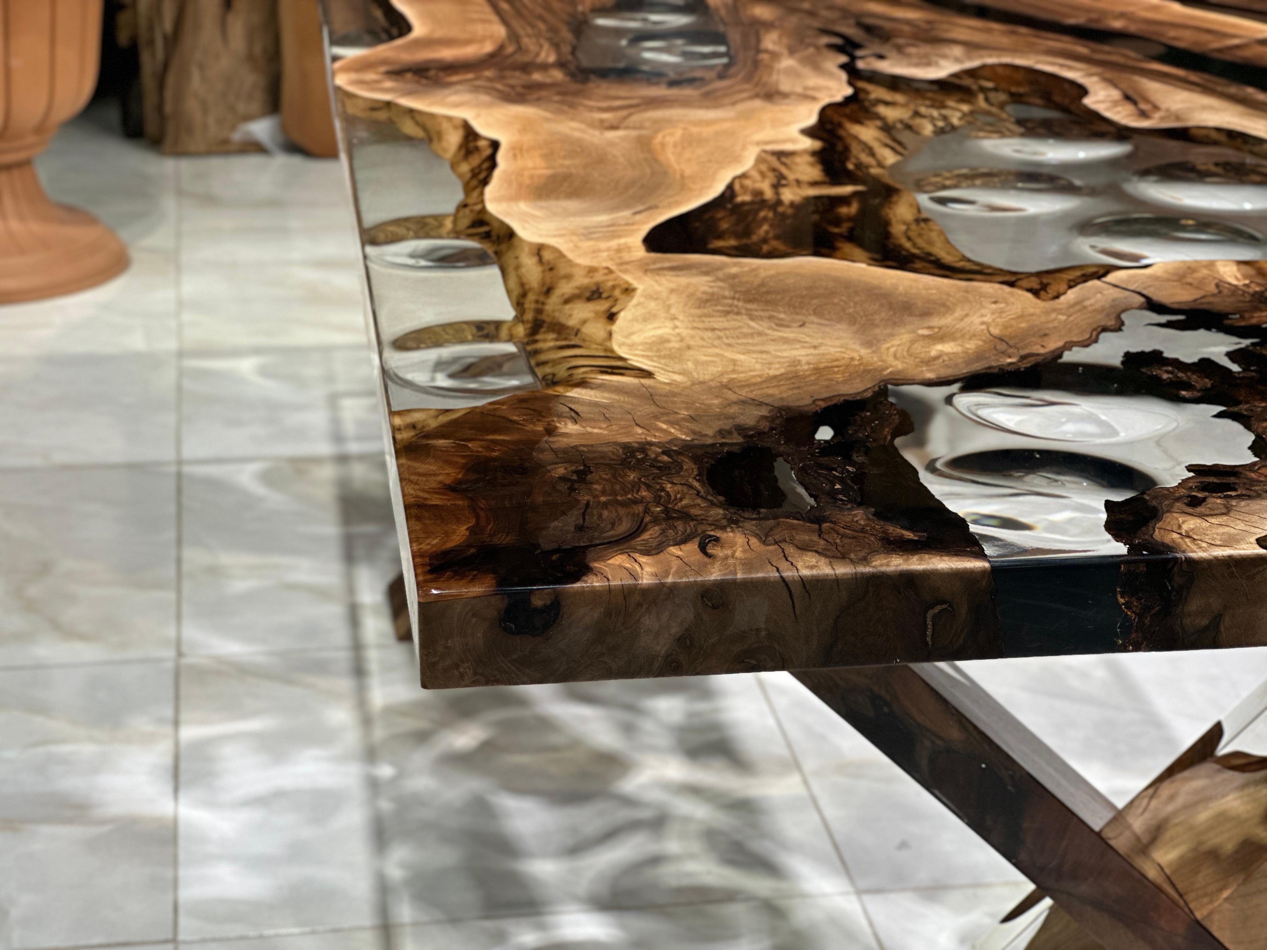 Waterdrop Ultra Clear Epoxy Resin Walnut Dining Table For Sale 6