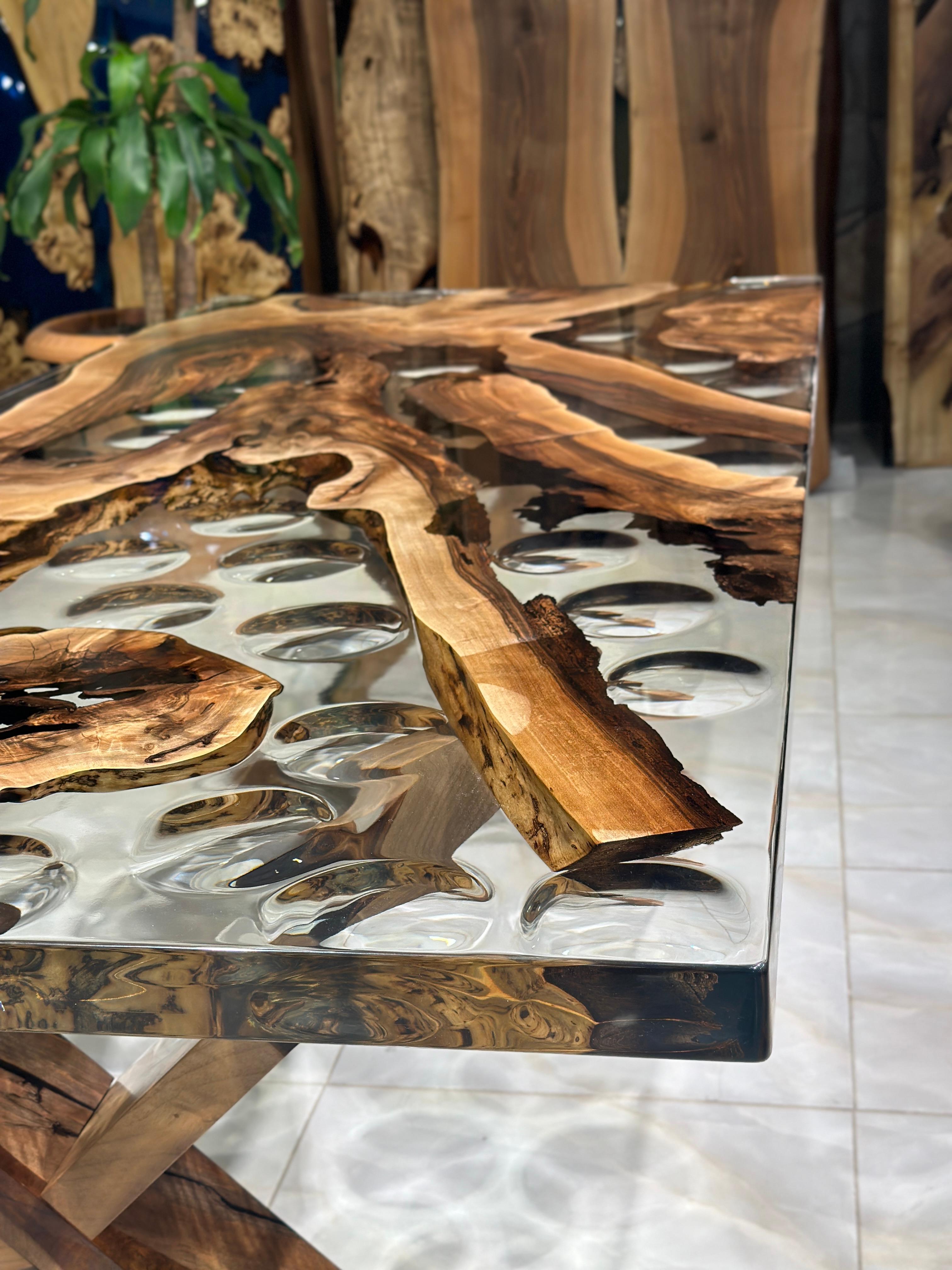 Arts and Crafts Waterdrop Ultra Clear Epoxy Resin Walnut Dining Table For Sale