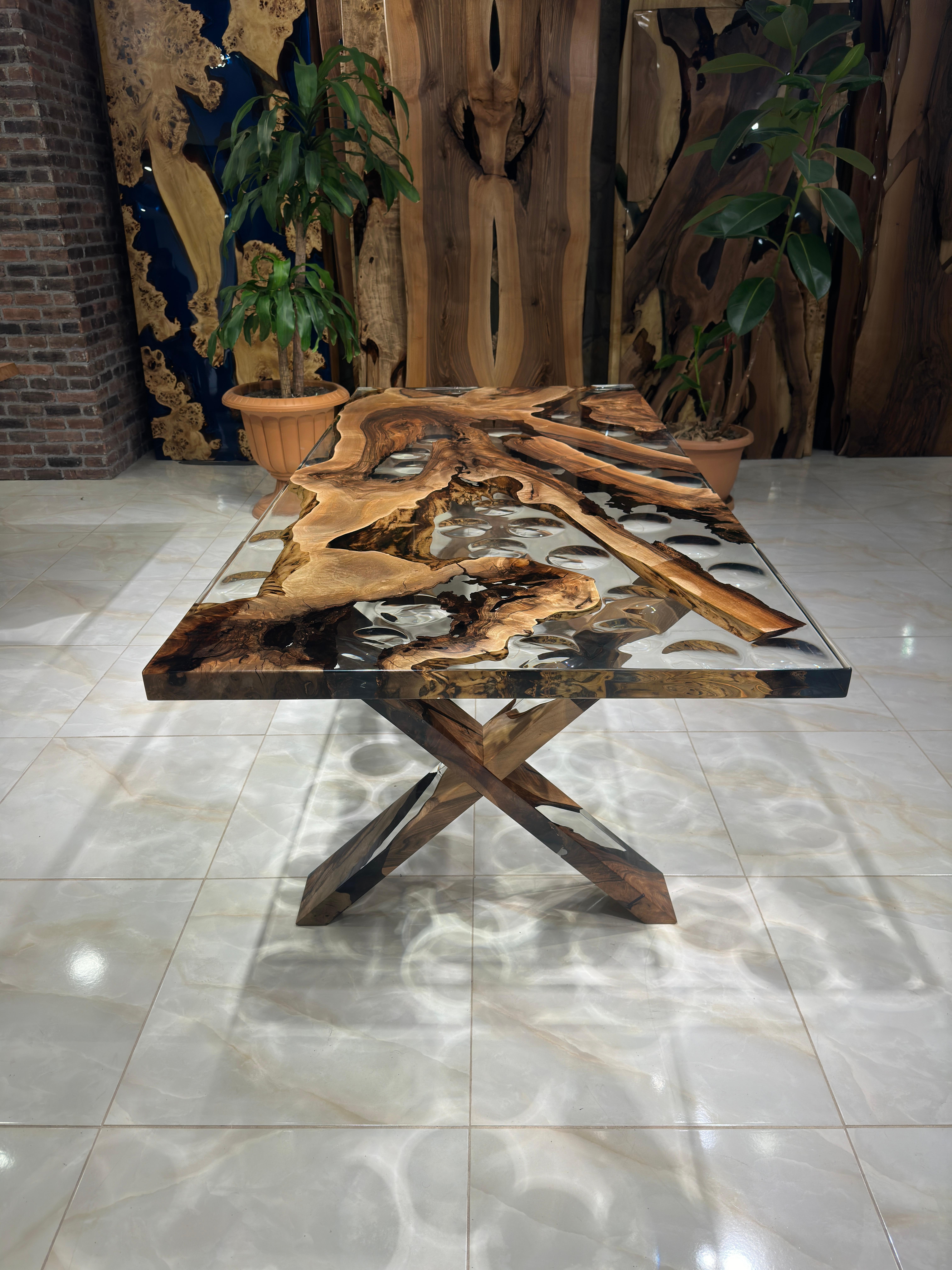 Turkish Waterdrop Ultra Clear Epoxy Resin Walnut Dining Table For Sale