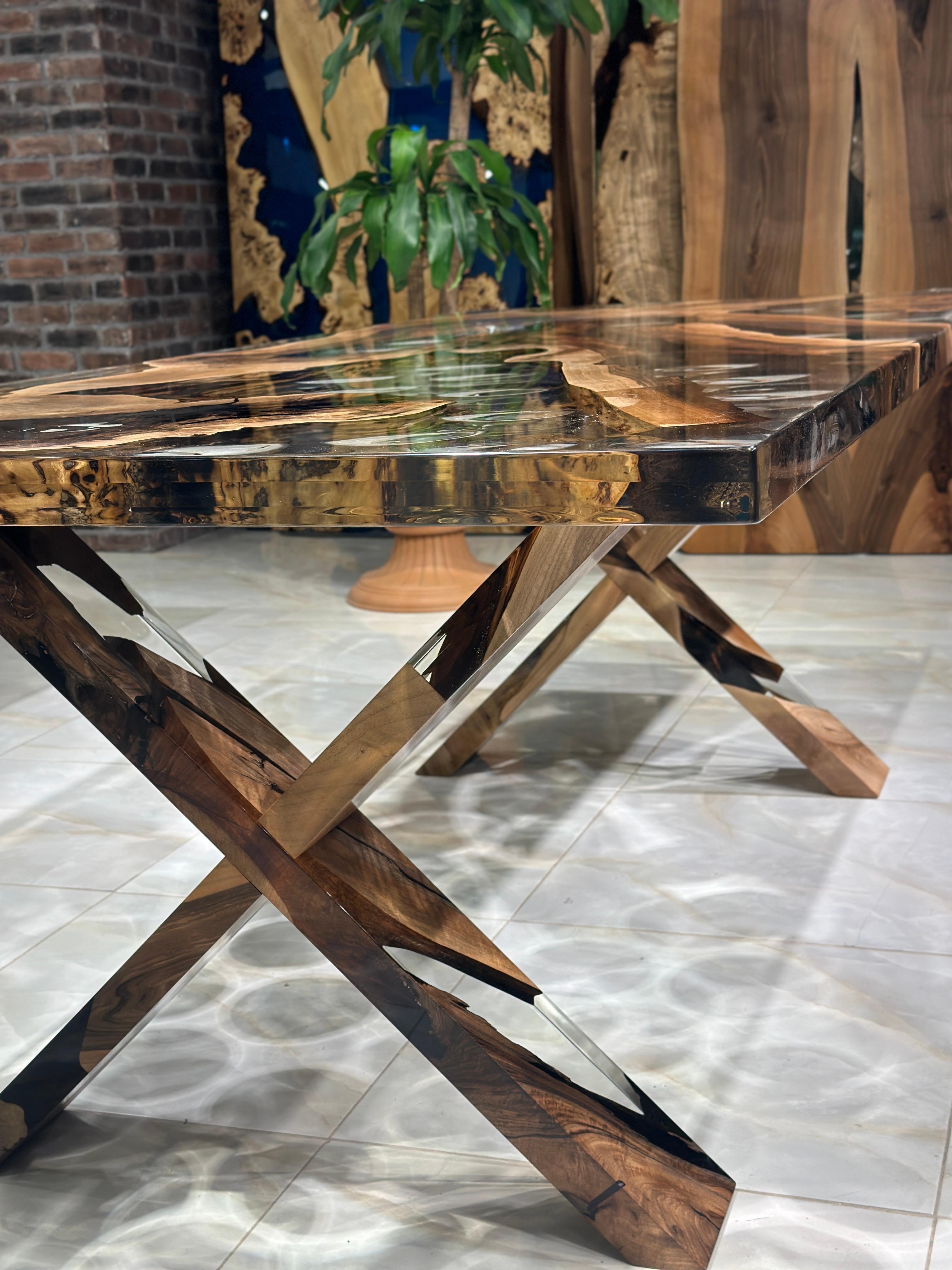 Contemporary Waterdrop Ultra Clear Epoxy Resin Walnut Dining Table For Sale