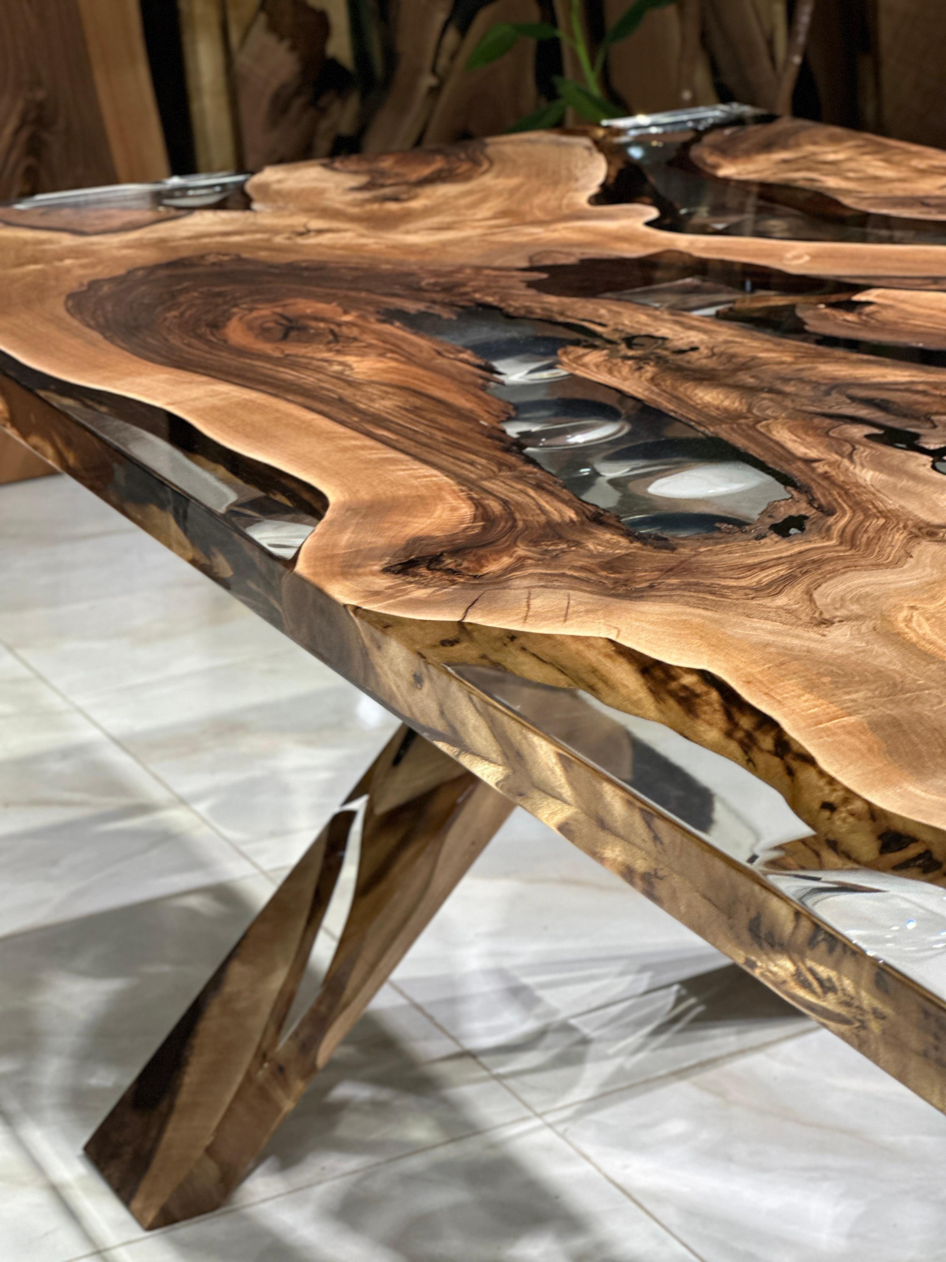 Waterdrop Ultra Clear Epoxy Resin Walnut Dining Table For Sale 2