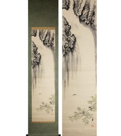 Waterfall and Bird Scene Meiji Period Scroll Japan 19c Artist Marked