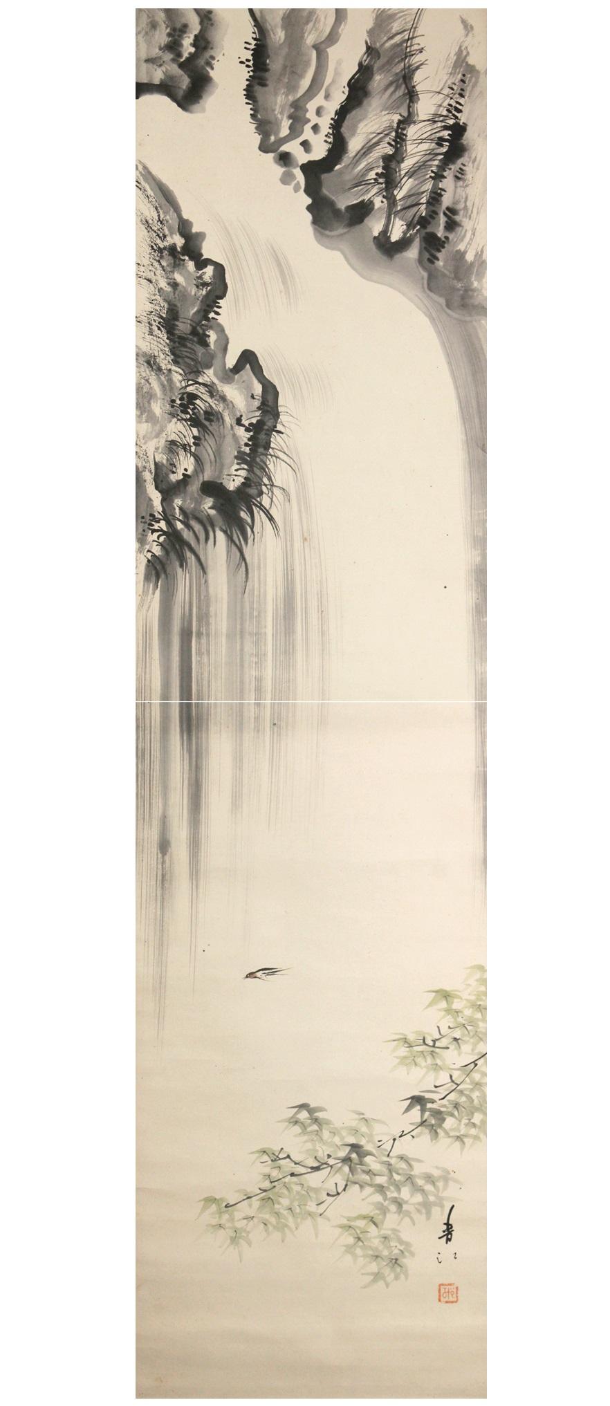 Japanese Waterfall and Bird Scene Meiji Period Scroll Japan 19c Artist Marked For Sale