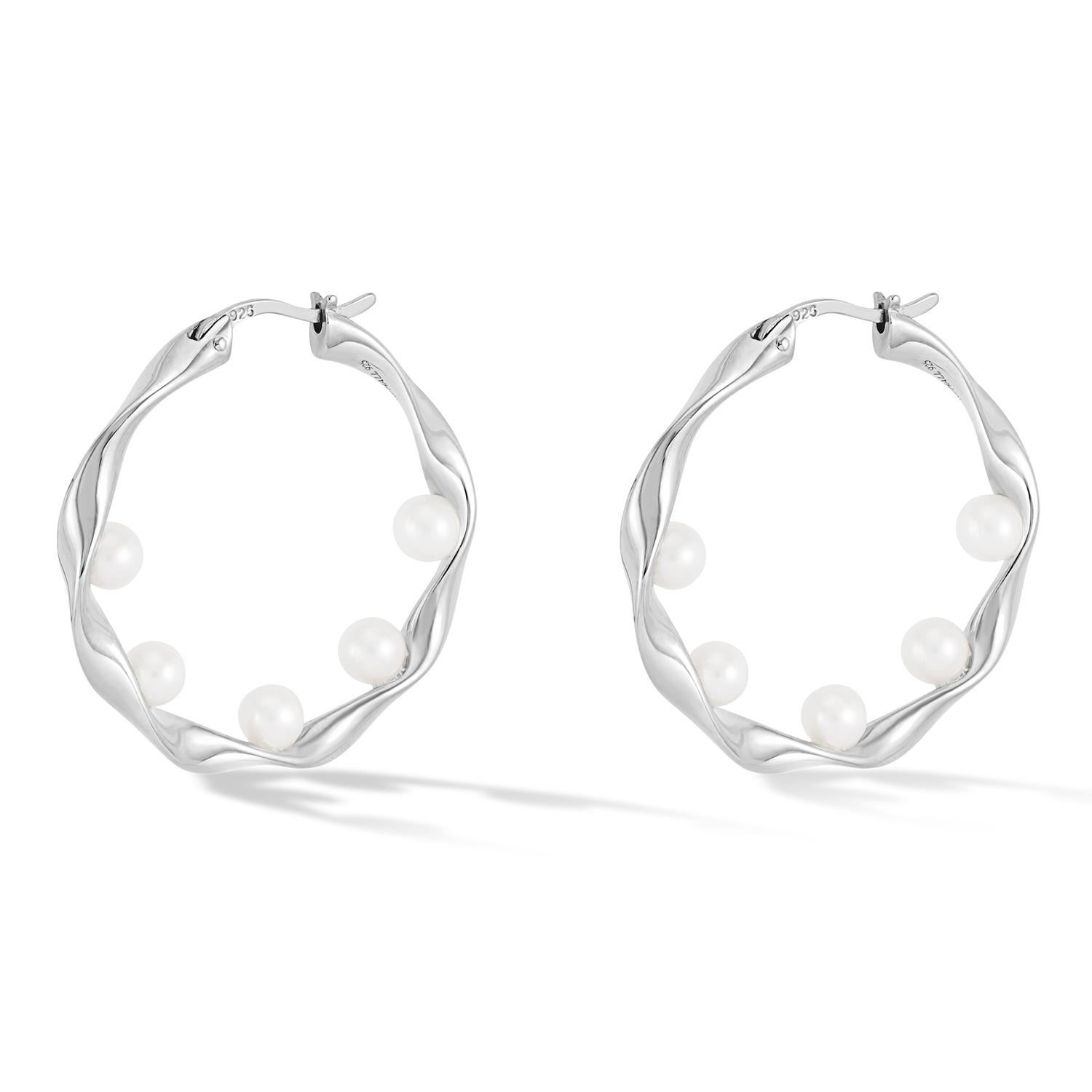 Round Cut Waterfall Baroque Pearl Hoops In Sterling Silver For Sale