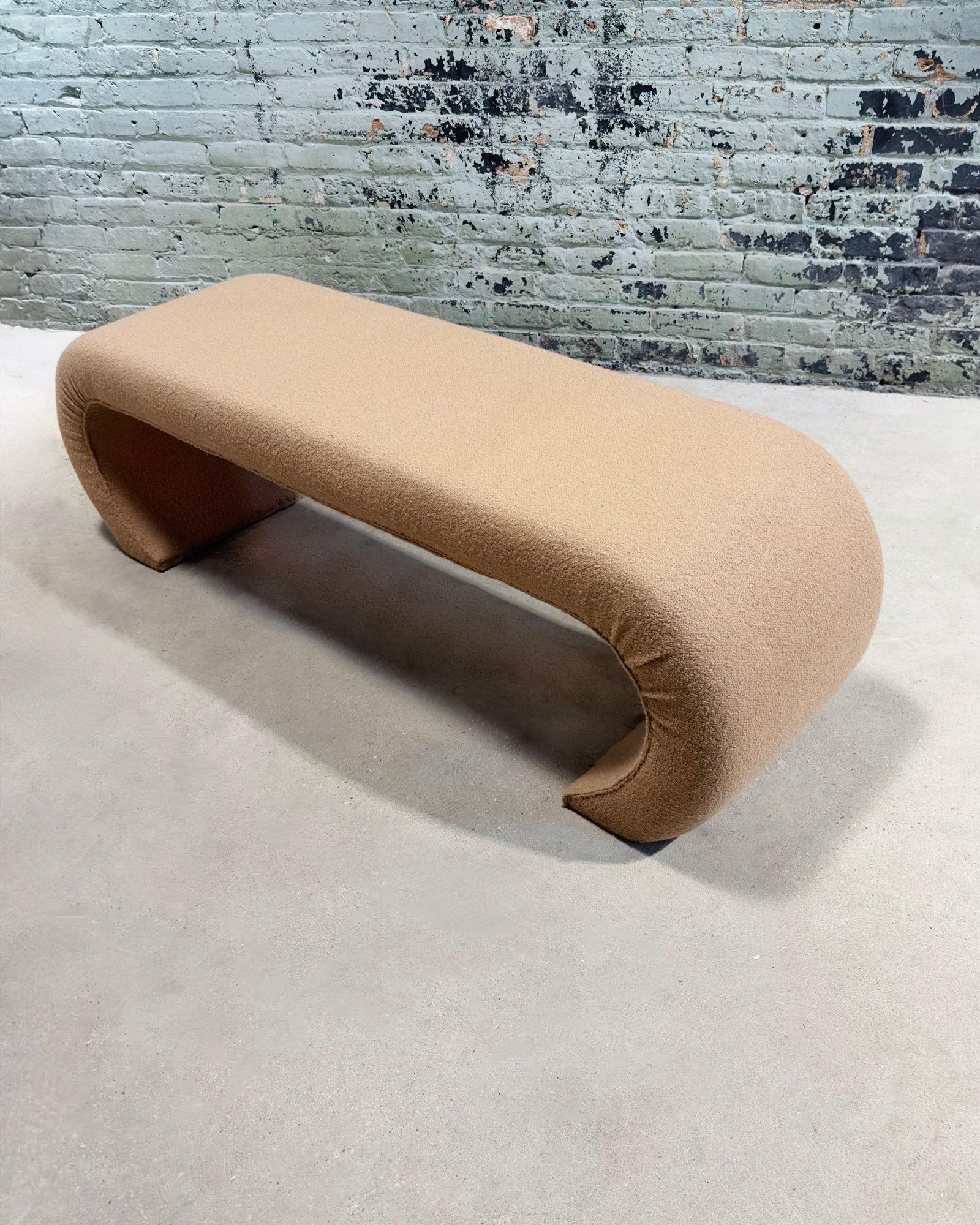 Mid Century Waterfall Bench in Camel Color Boucle, 1970. Bench has been newly upholstered in a camel color boucle.
Measures 60