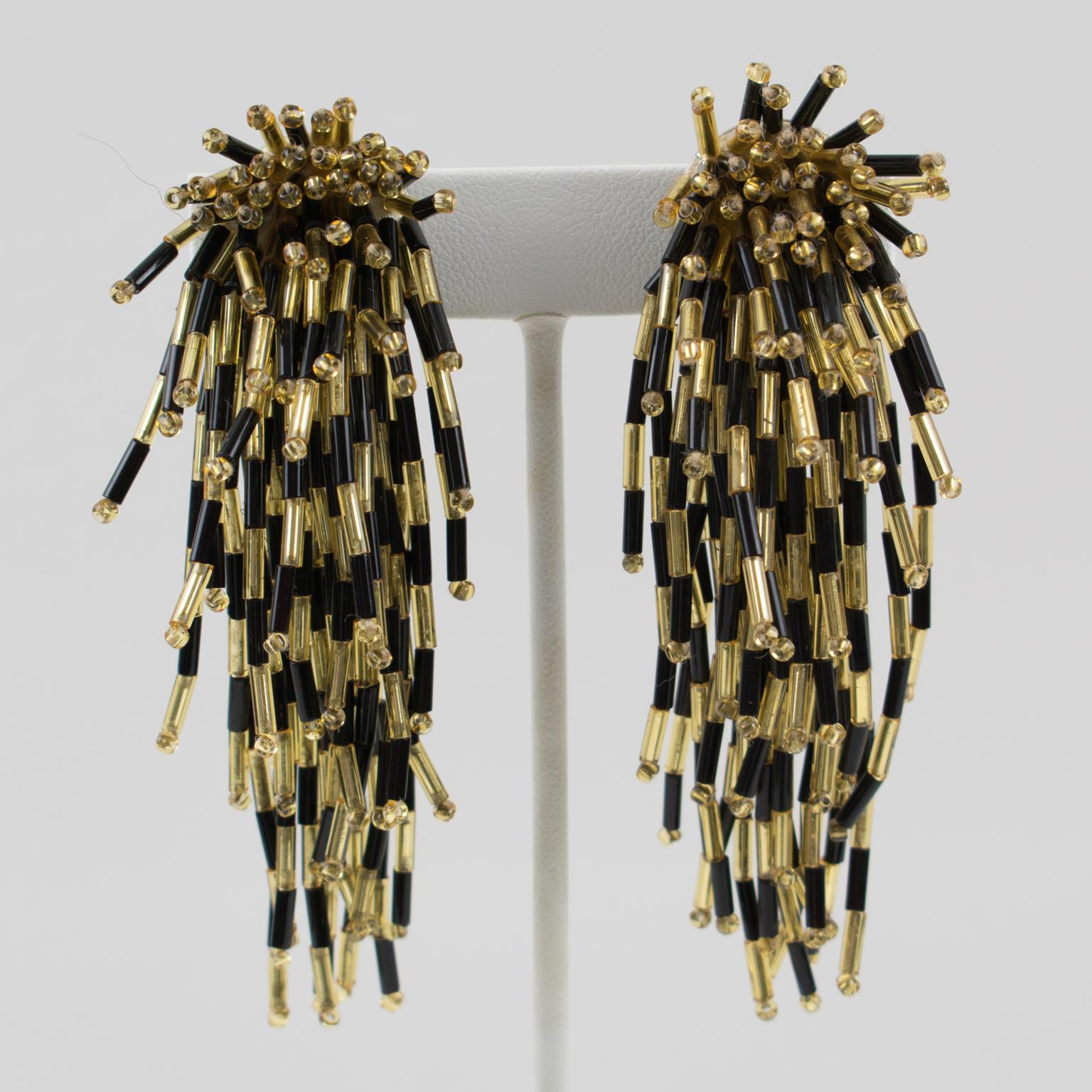 Waterfall Black and Gold Glass Beaded Dangle Clip Earrings For Sale 1