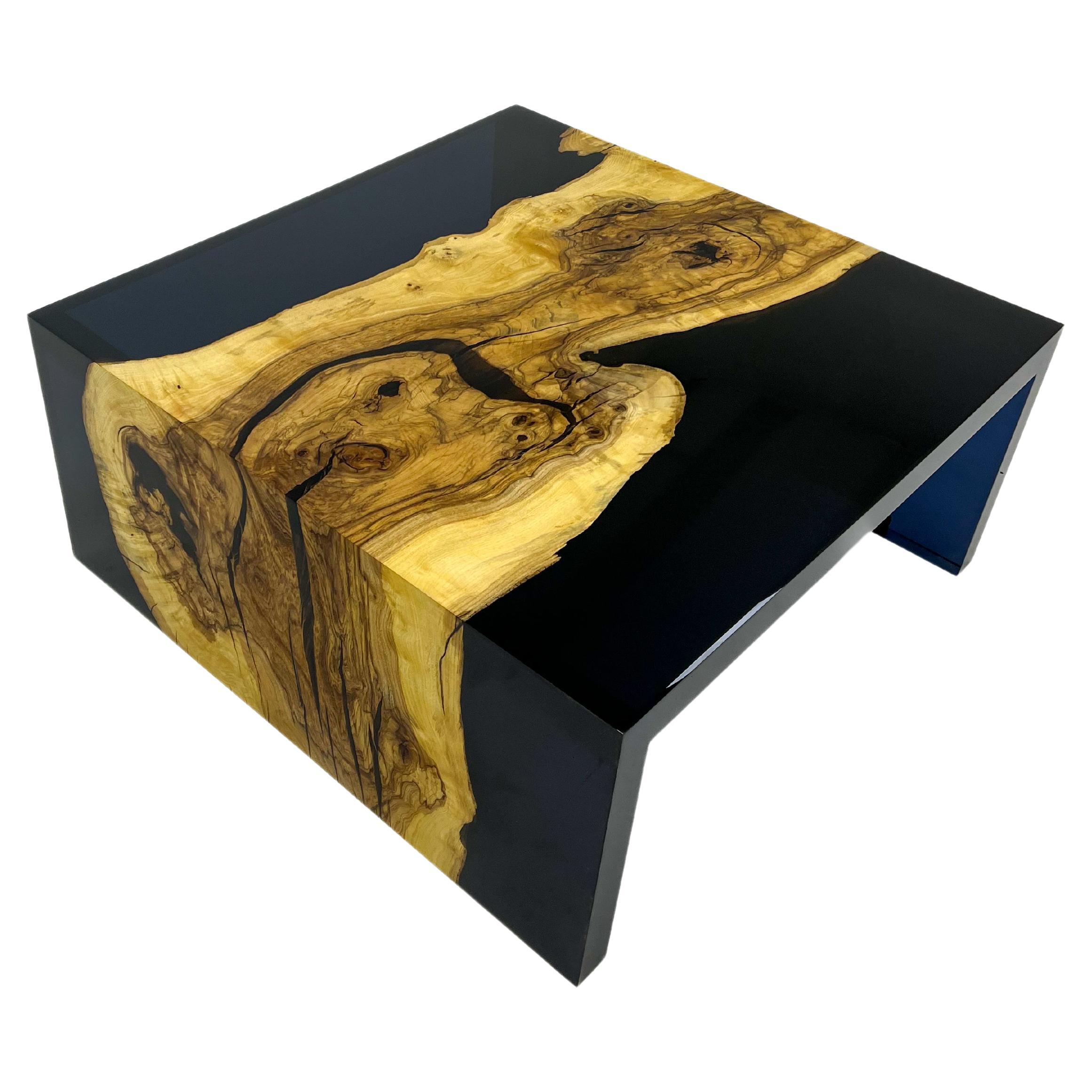 Waterfall Black Epoxy Resin Coffee Table & Walnut Wood Center Table For Sale