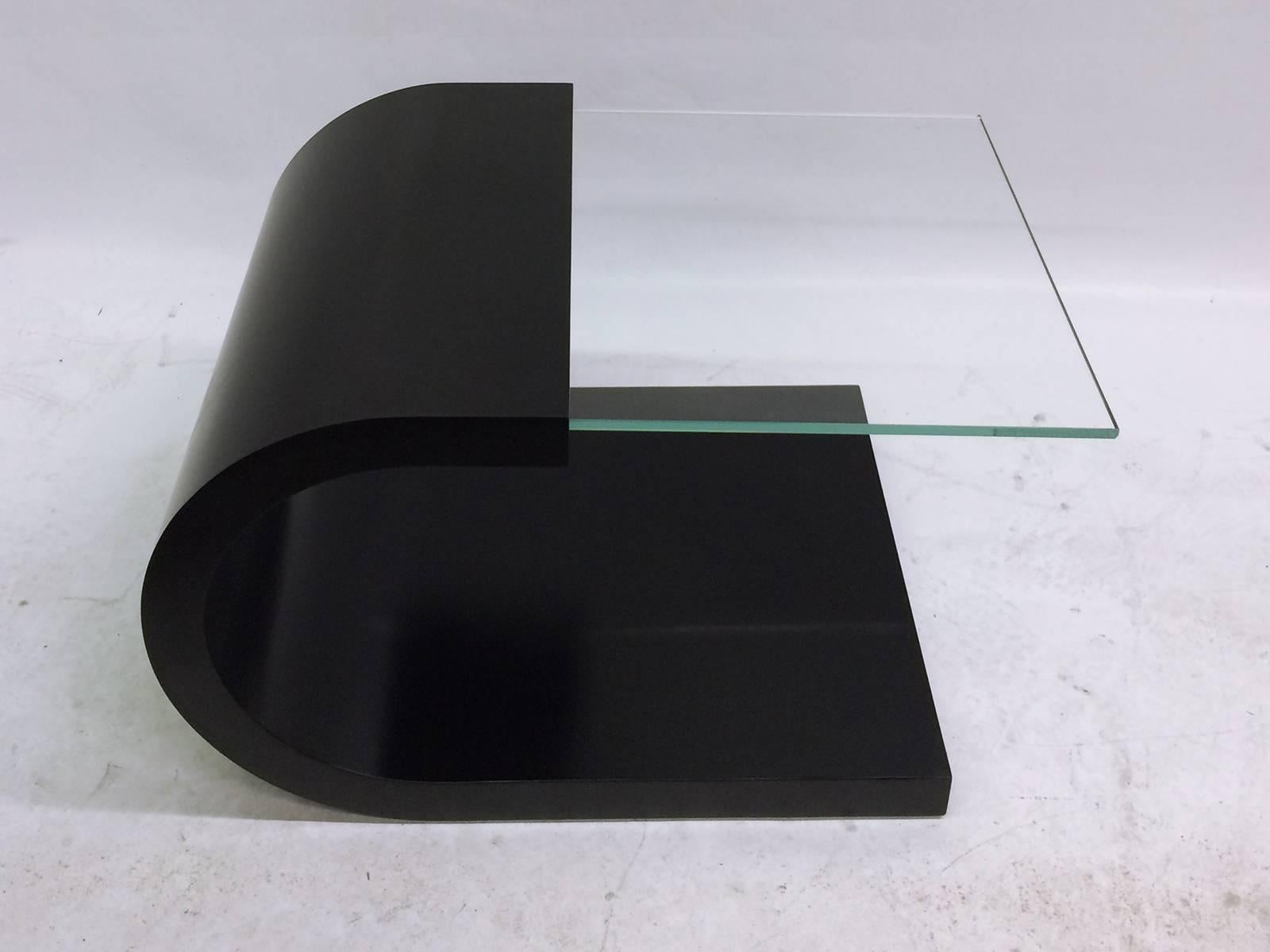 Mid-Century Modern Waterfall Black Lacquer and Glass End Table