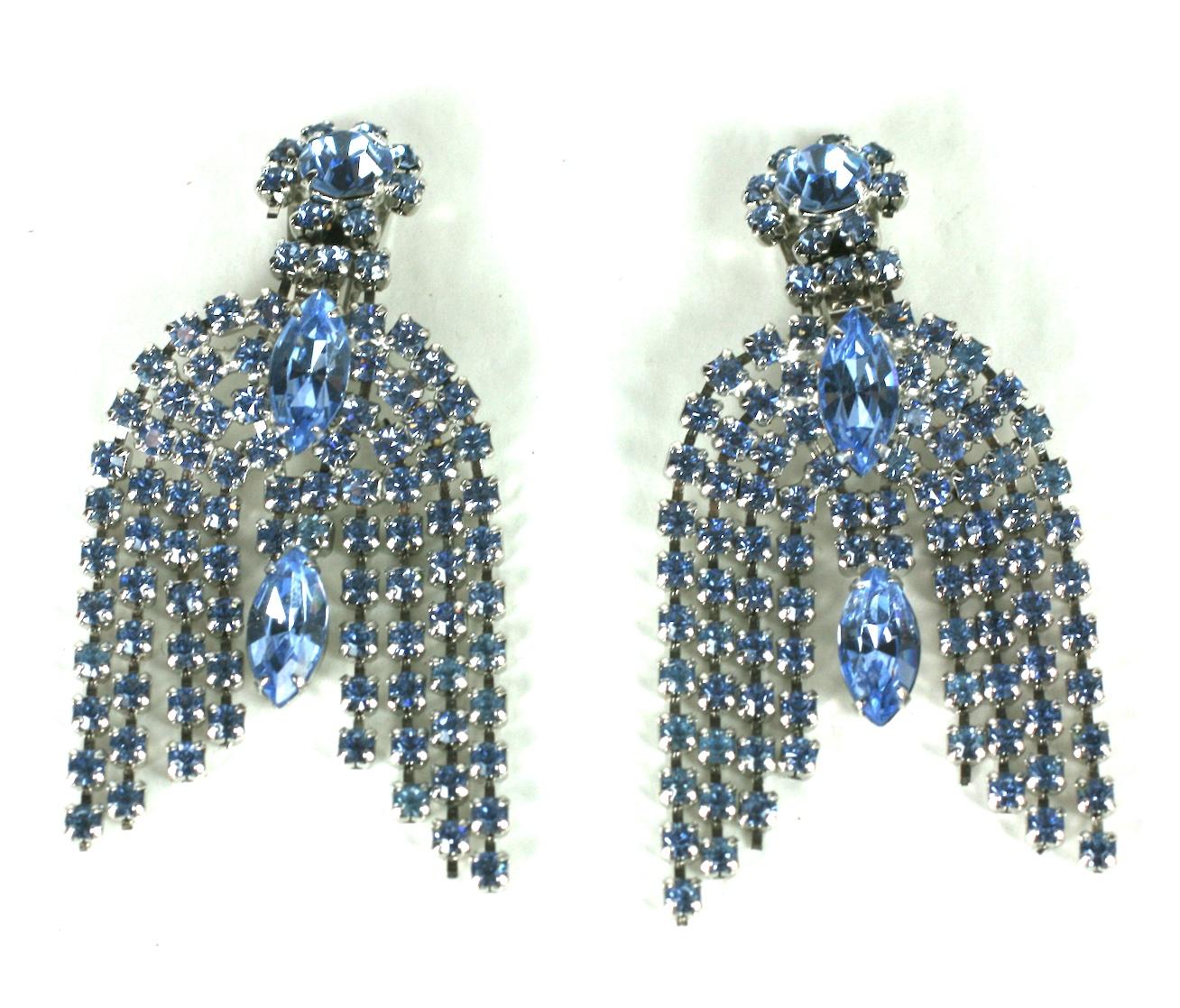 Waterfall Blue Crystal Earclips In Excellent Condition For Sale In New York, NY