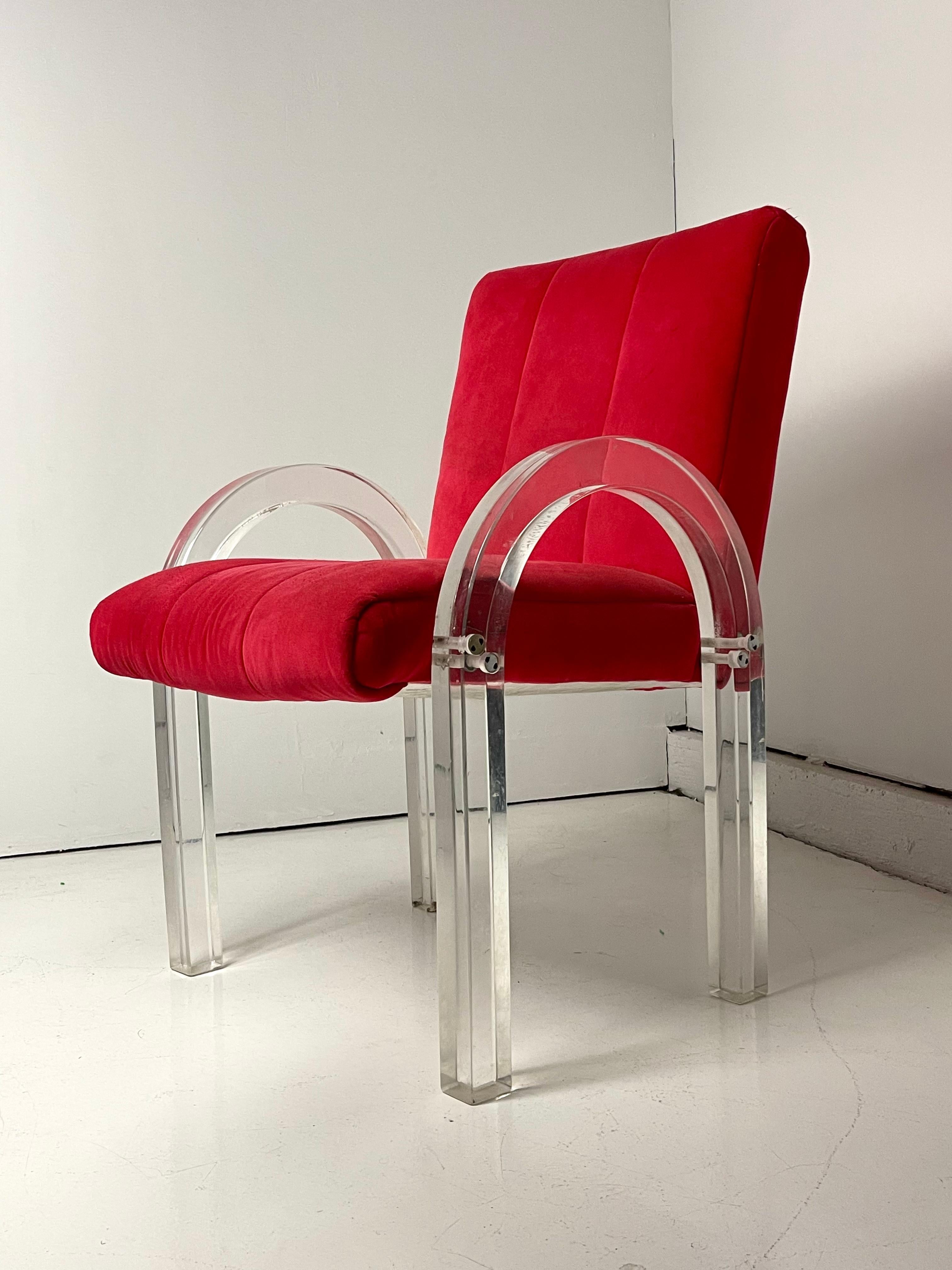 Waterfall chair by lucite maven Charles Hollis Jones. Gorgeous curvature to the elegant and simple lucite frame this chair feels as if it is floating in space. Despite age-appropriate scuffing to lucite and minor pilling and dirt to fabric it