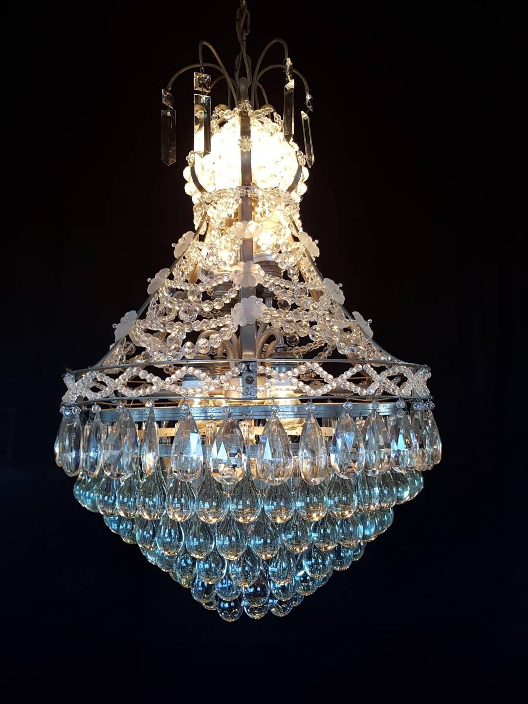 French Waterfall Chandelier in Nickel/ Silver Color empire For Sale