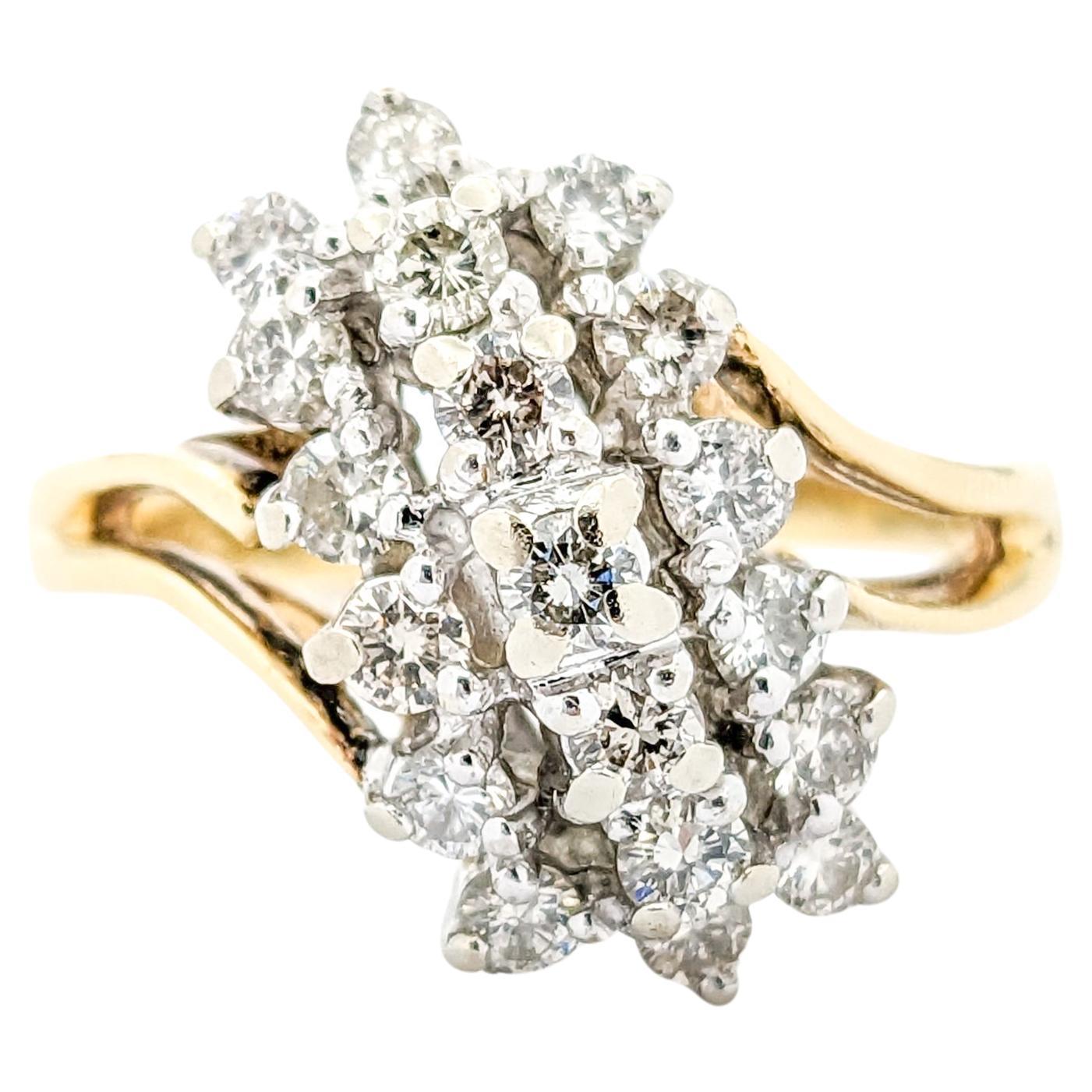 Waterfall Cluster 1.00ctw Diamond Ring In Yellow Gold For Sale