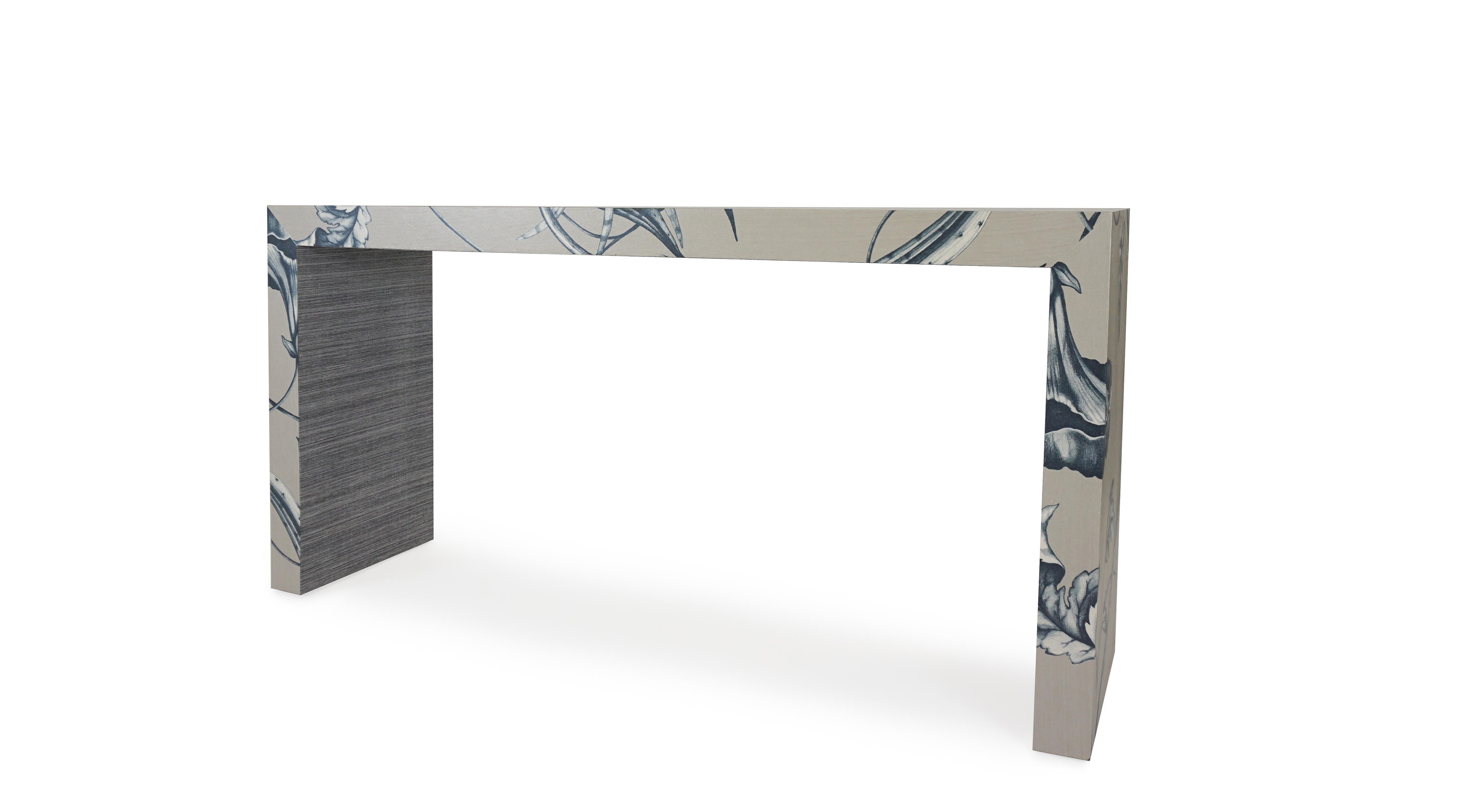About This Piece
This customizable waterfall console table features a whimsical woven botanical design with metallic effects and a contrast underside. Our frames are built with real hardwoods or MDF and glue-and-dowel joinery, never plywood or