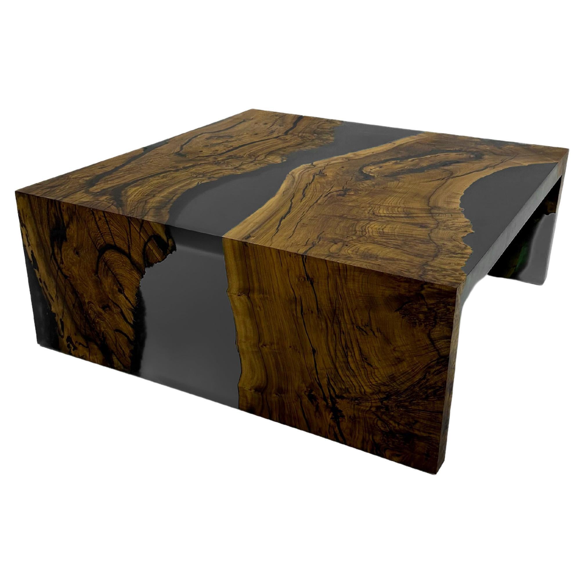 Waterfall Design Fume Black Ancient Walnut Epoxy Resin Coffee Table For Sale