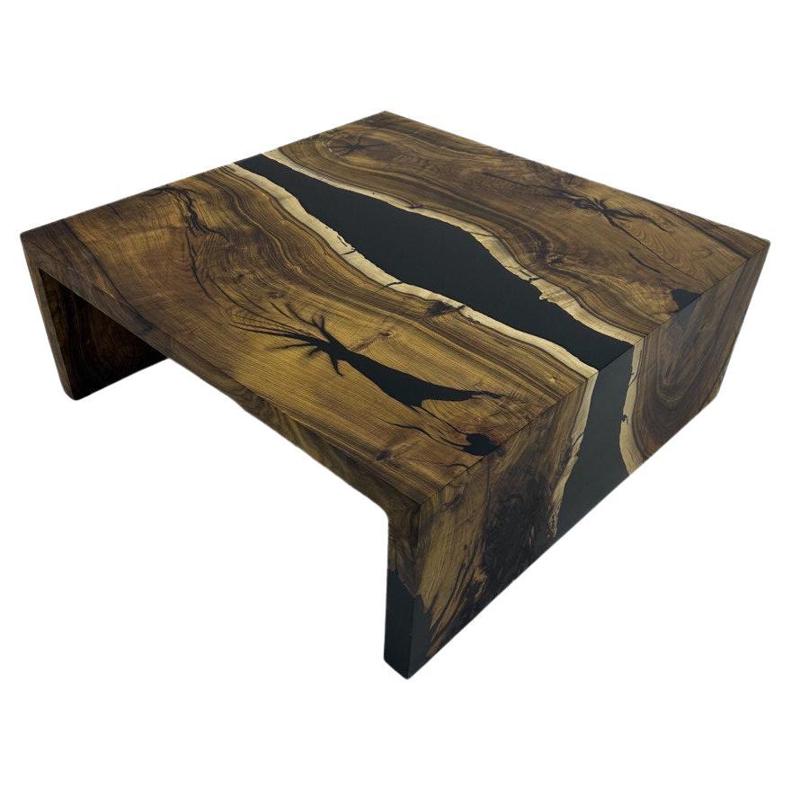 Waterfall Design Wood Epoxy Resin Table - 200 Years Hackberry Wood Coffee Table For Sale