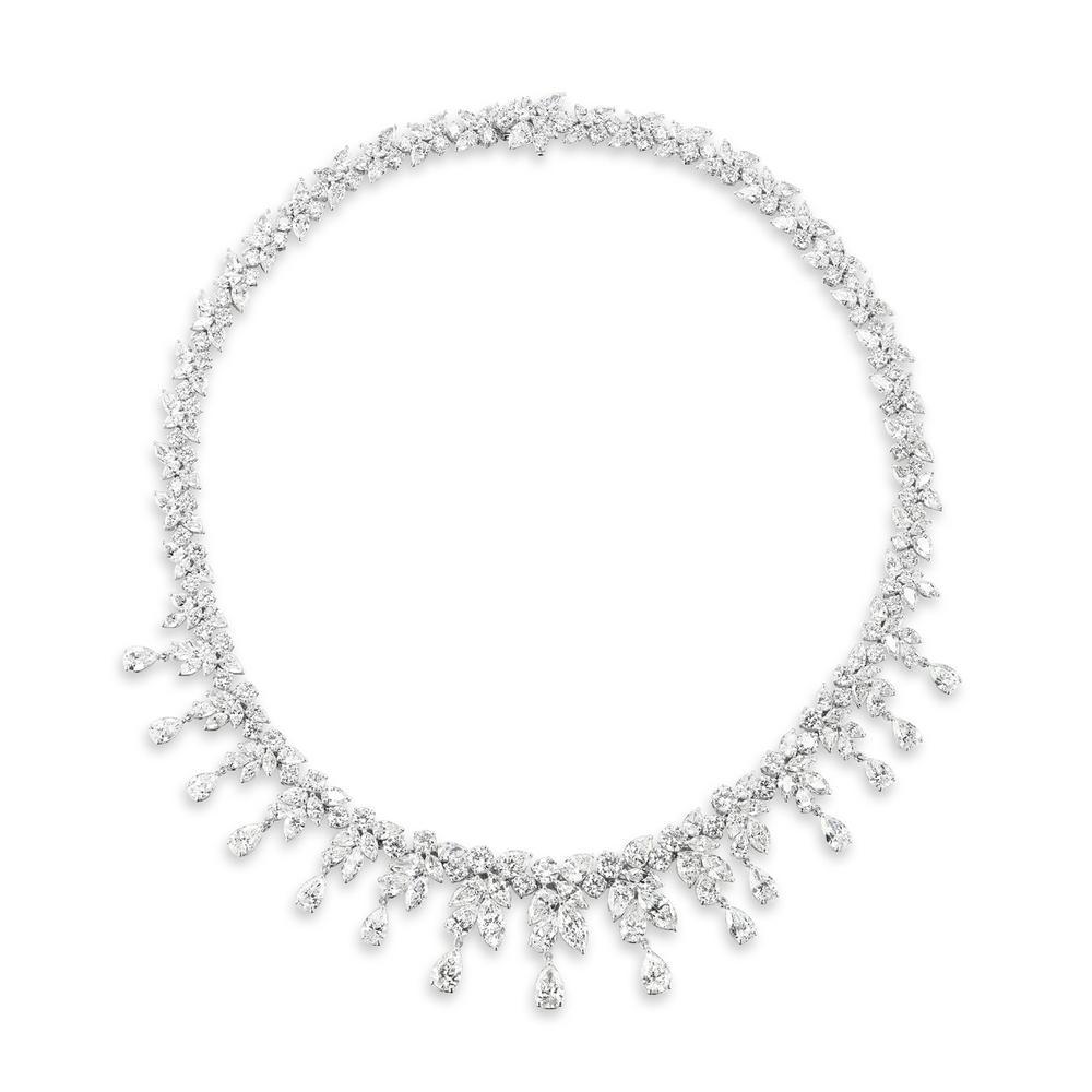 WATERFALL DIAMOND NECKLACE
A cascading arrangement of bright pear and marquis shaped diamonds forms a luxurious drape over the collarbone.
Item:	# 03401
Setting:	Platinum
Color Weight:	58.75 ct. of Diamond
Diamond Weight:	0 ct. of Diamonds