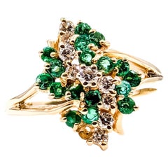 Waterfall Emerald and Diamond Cluster Ring in 14k Yellow Gold