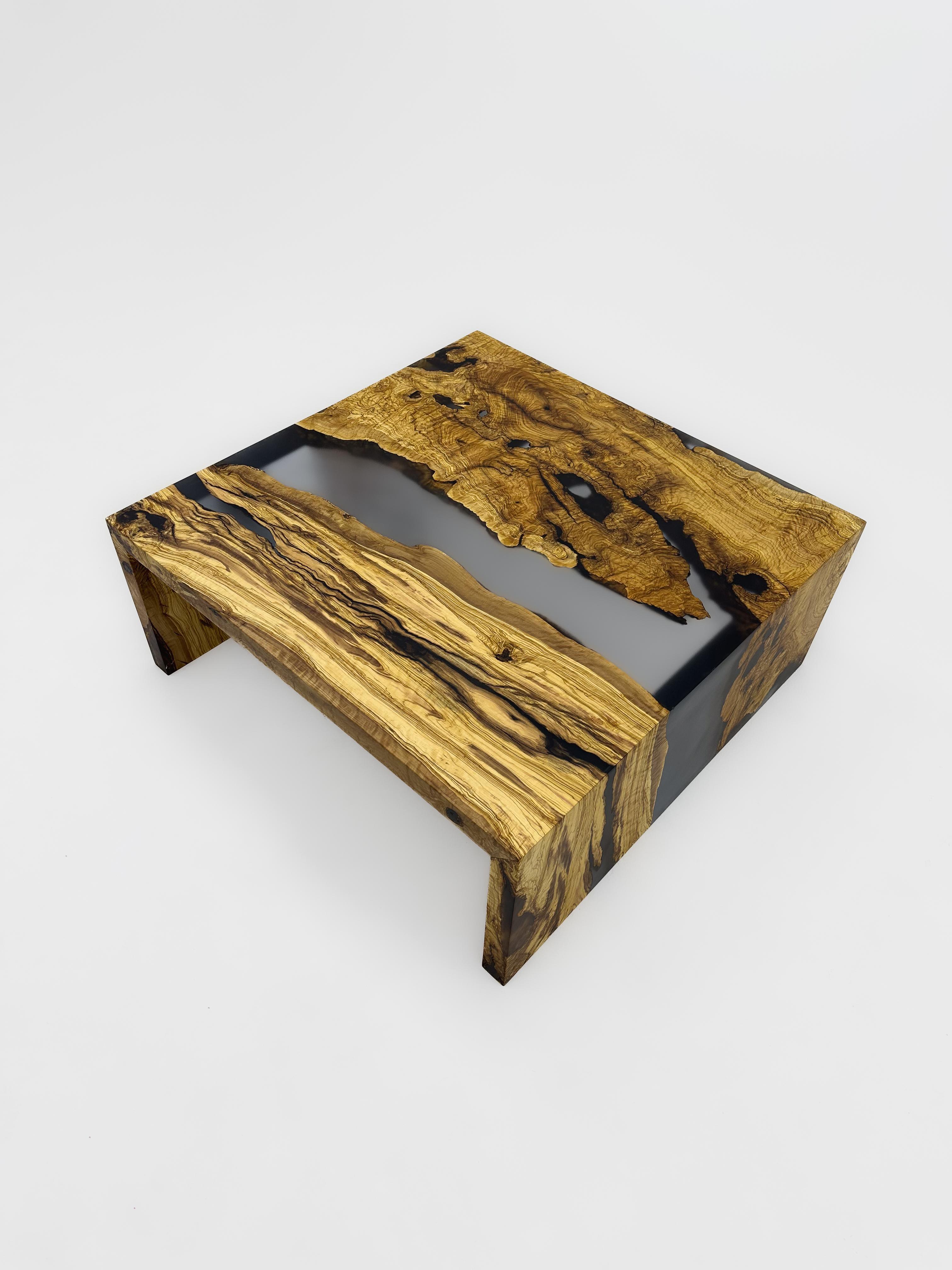 Contemporary Waterfall Epoxy Resin Coffee Table With Ancient Olive Wood For Sale