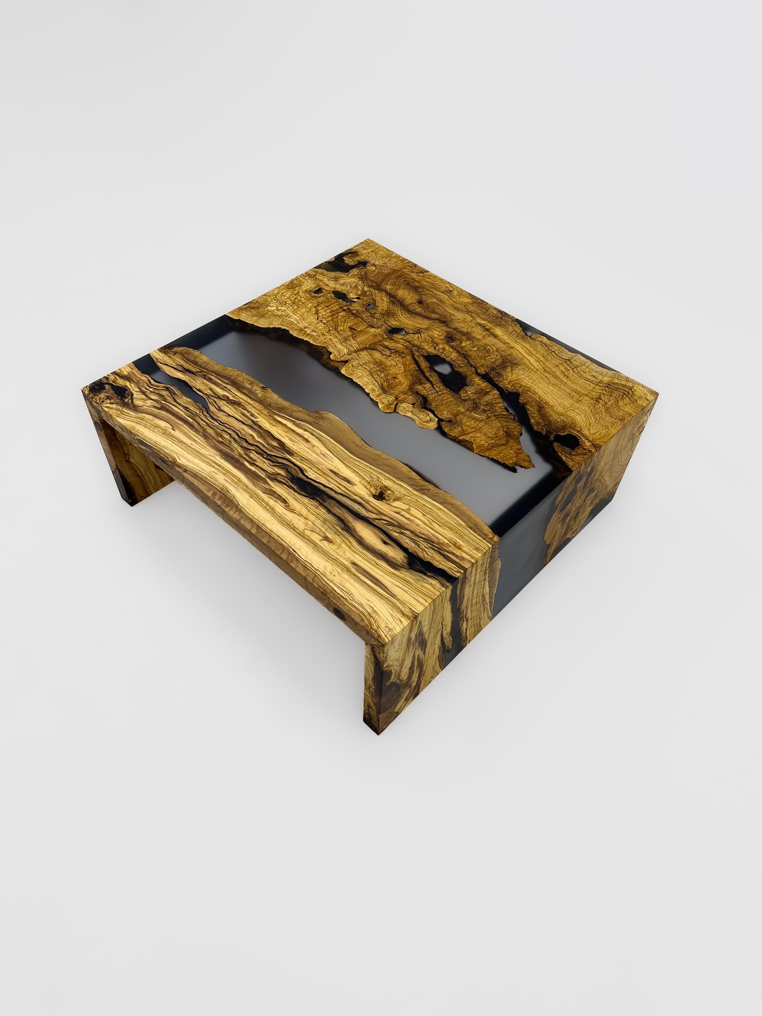 Scandinavian Modern Waterfall Epoxy Resin Coffee Table With Ancient Olive Wood For Sale