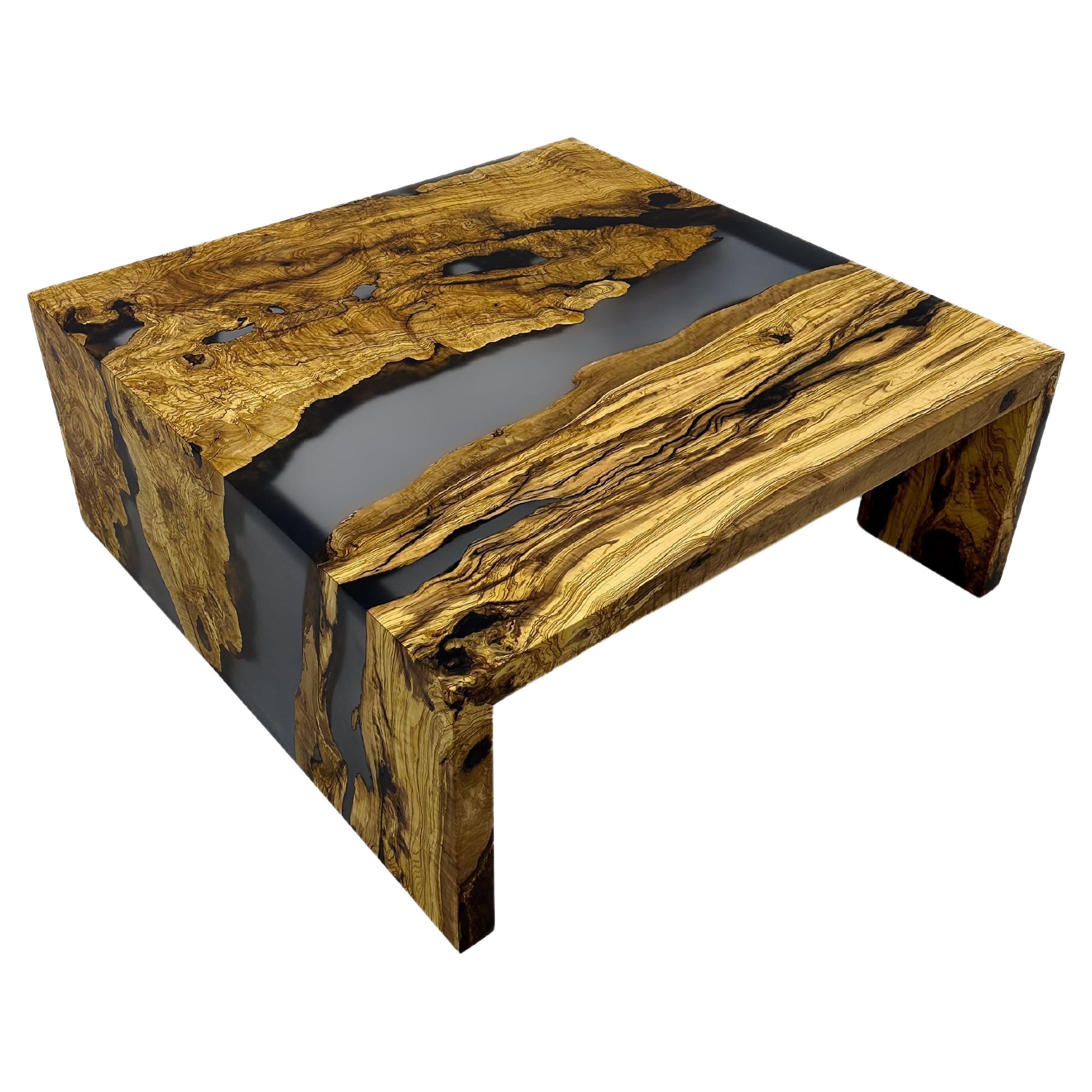 Waterfall Epoxy Resin Coffee Table With Ancient Olive Wood For Sale