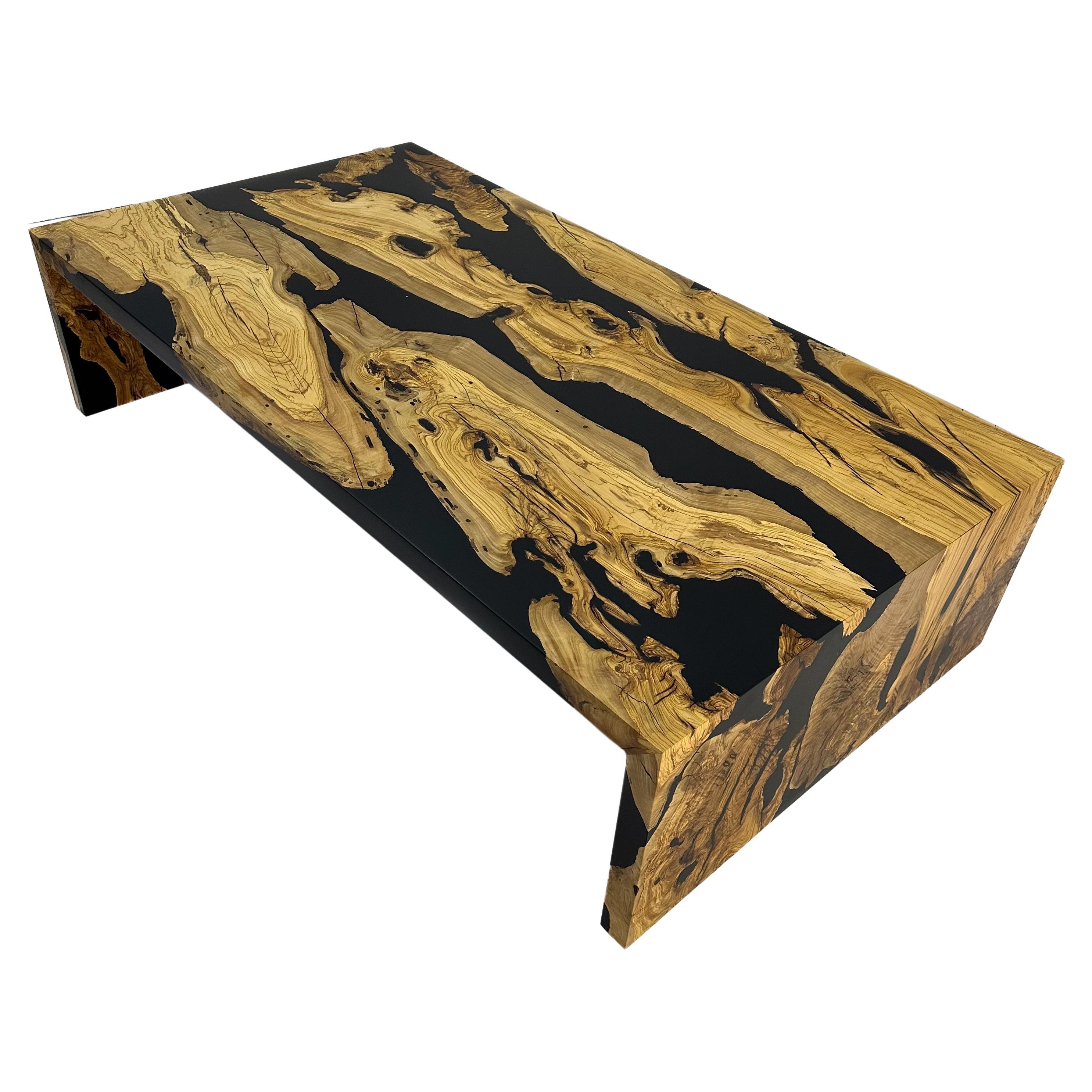 Waterfall Olive Epoxy Resin Solid Wood Coffee Table For Sale
