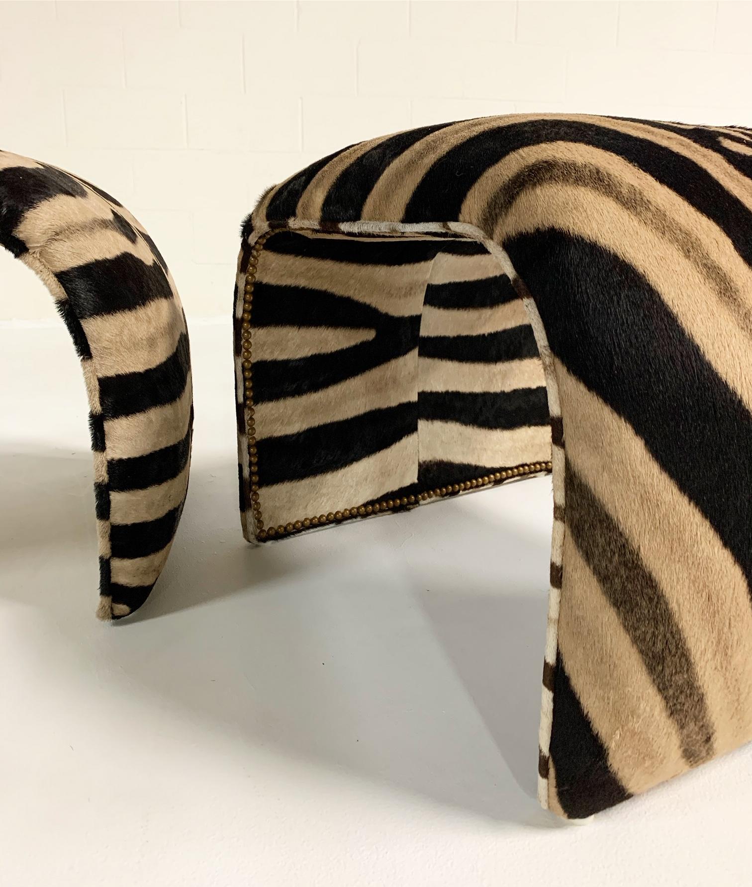 Waterfall Ottomans in Zebra Hide, Pair In Excellent Condition In SAINT LOUIS, MO
