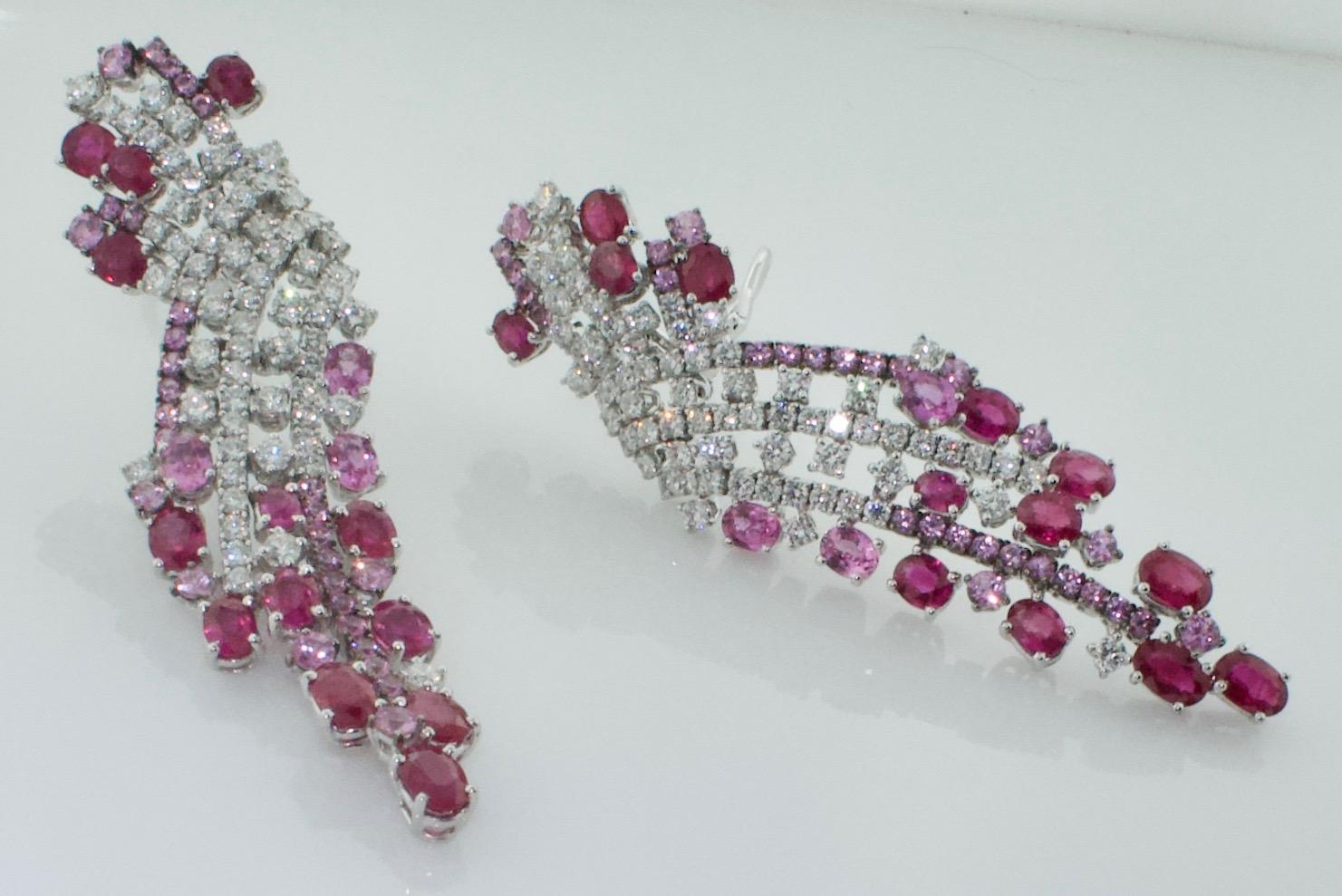 Waterfall Ruby and Pink Sapphire Diamond Earrings In New Condition For Sale In Wailea, HI
