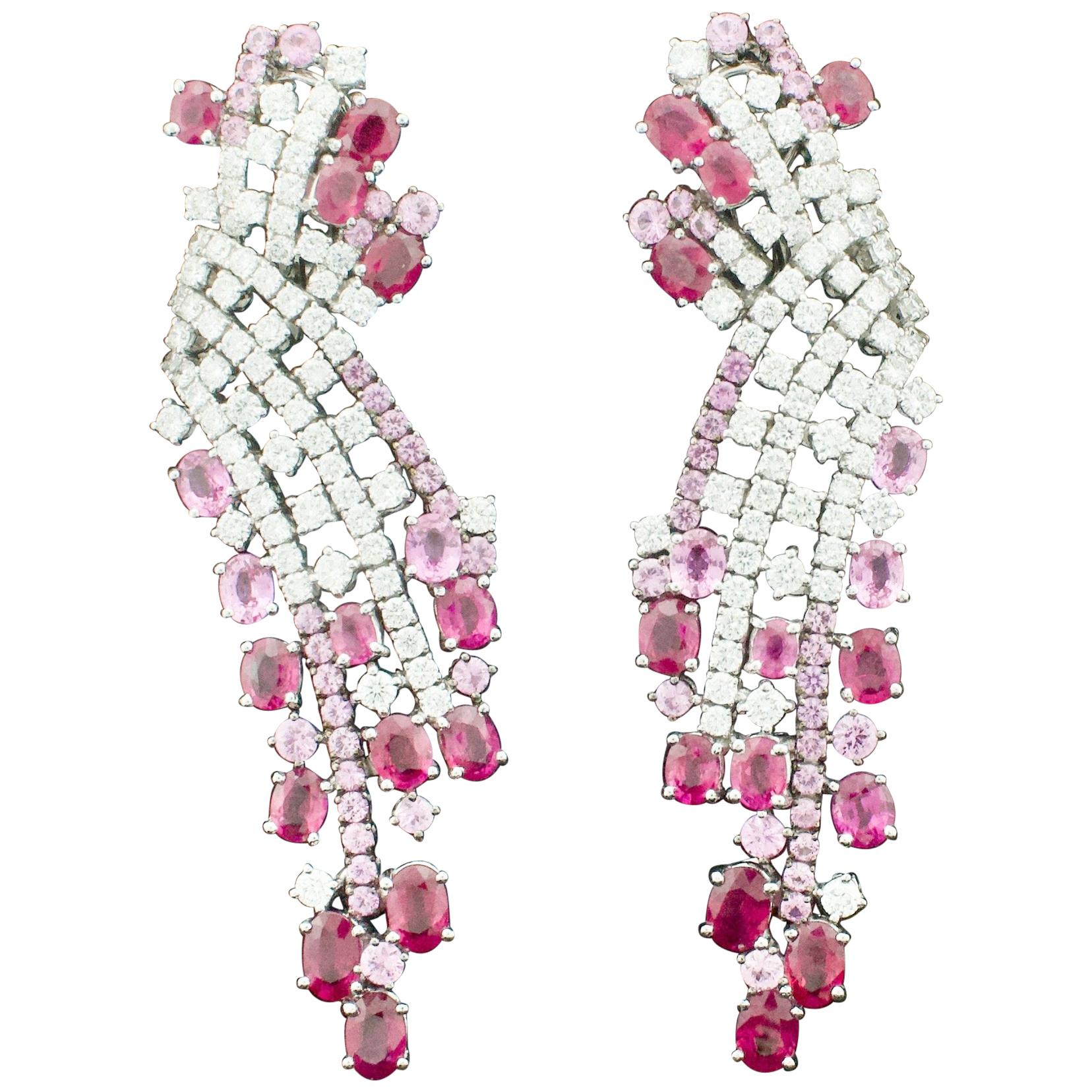 Waterfall Ruby and Pink Sapphire Diamond Earrings For Sale