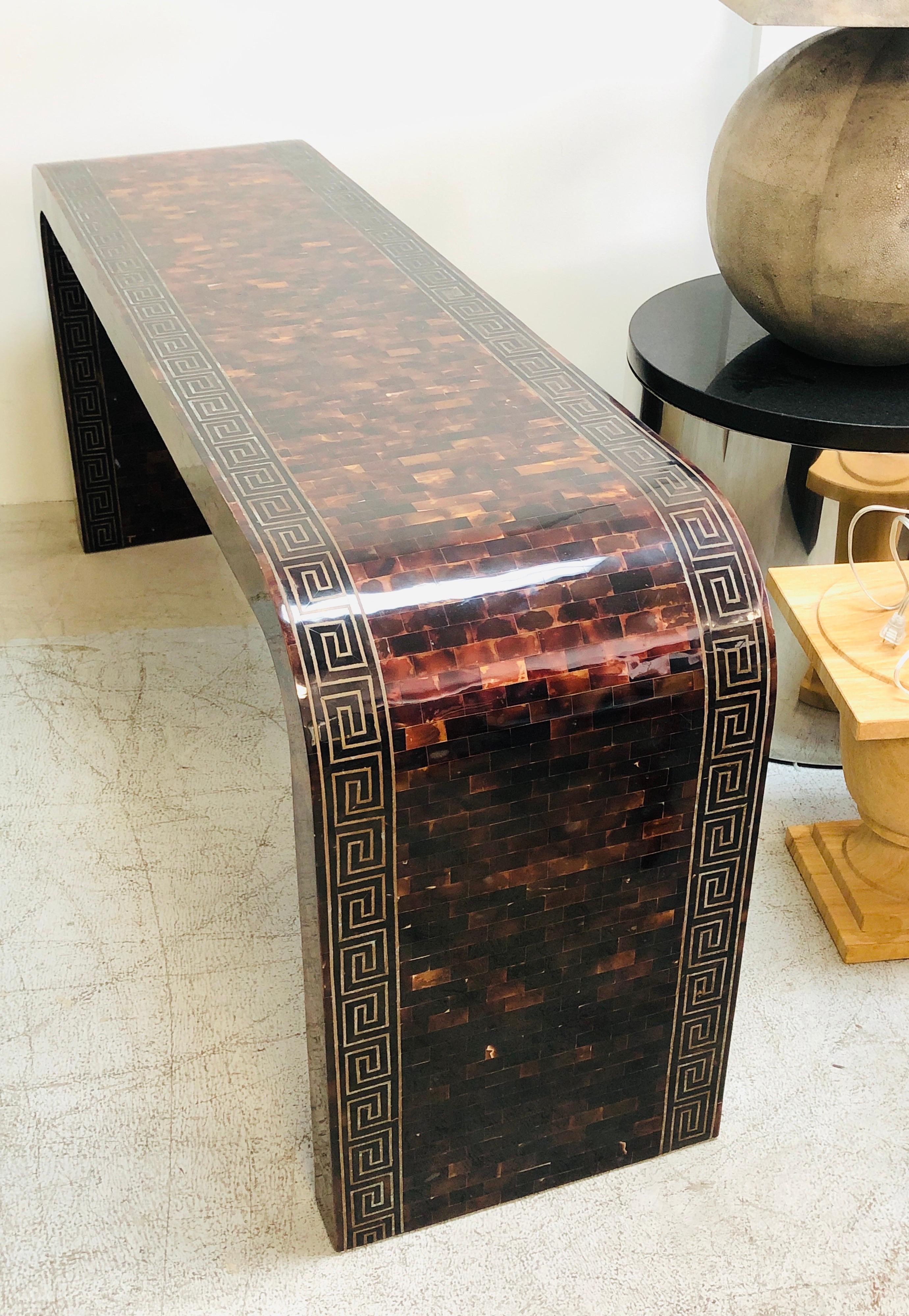 Waterfall Tessellated Horn  Brass Console with Inlaid Greek Key, 1980s For Sale 4